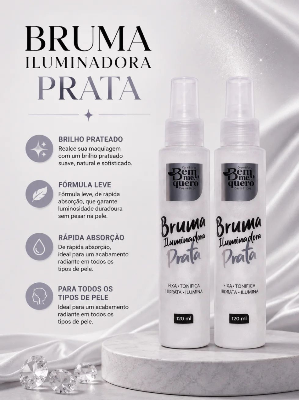 Bruma Iluminadora Prata Bem Quero Cosméticos 120ml