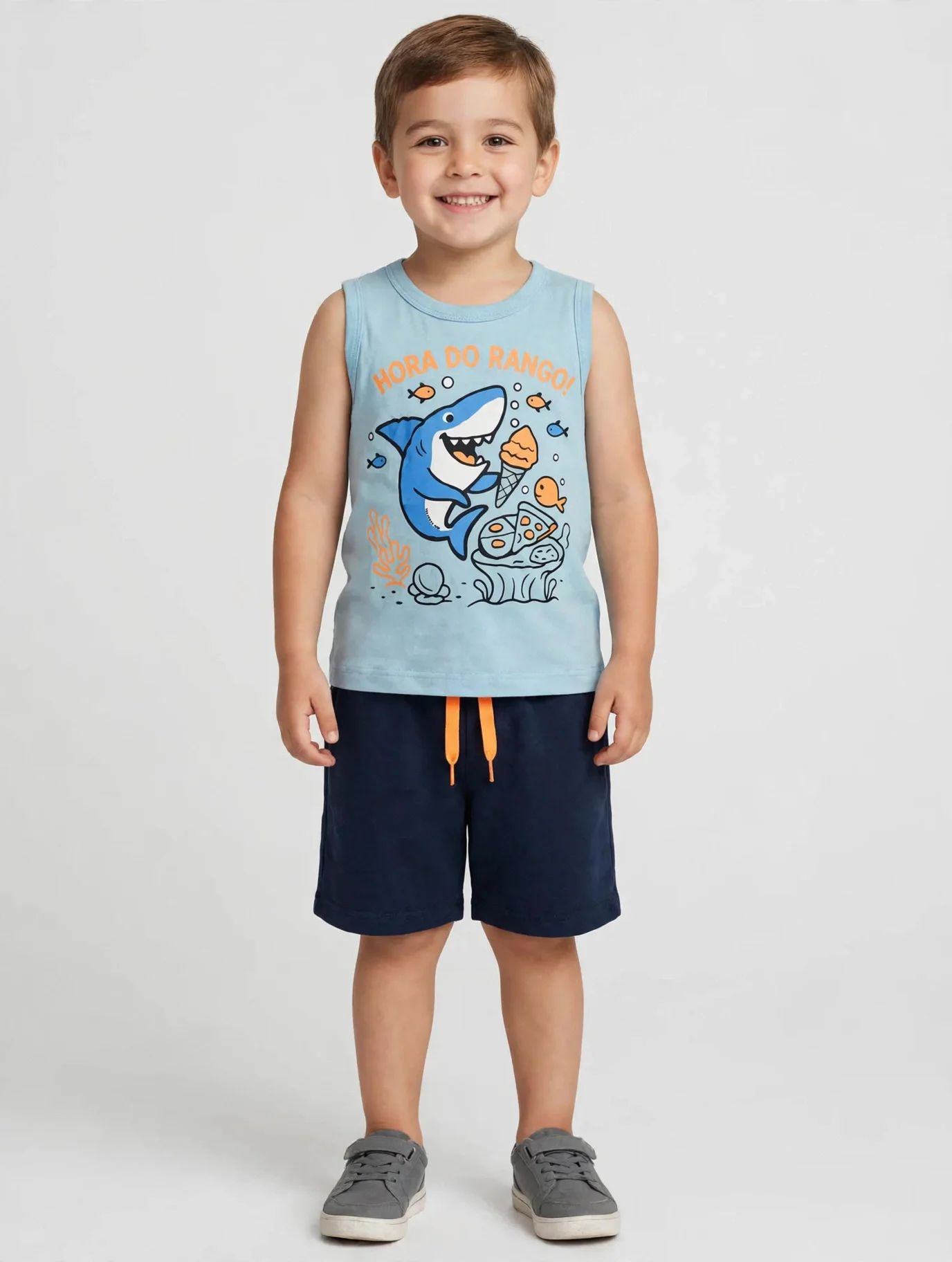 Conjunto Infantil Regata Azul e Short Laranja