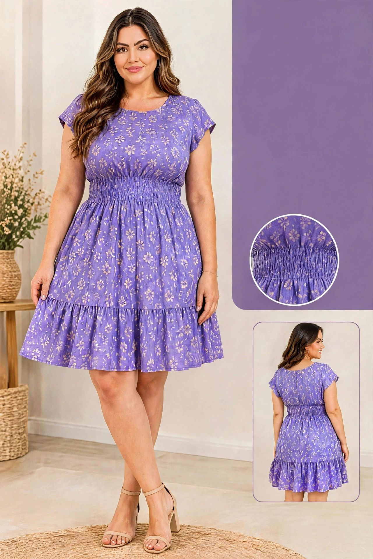 Vestido Roxo Floral com Elástico na Cintura
