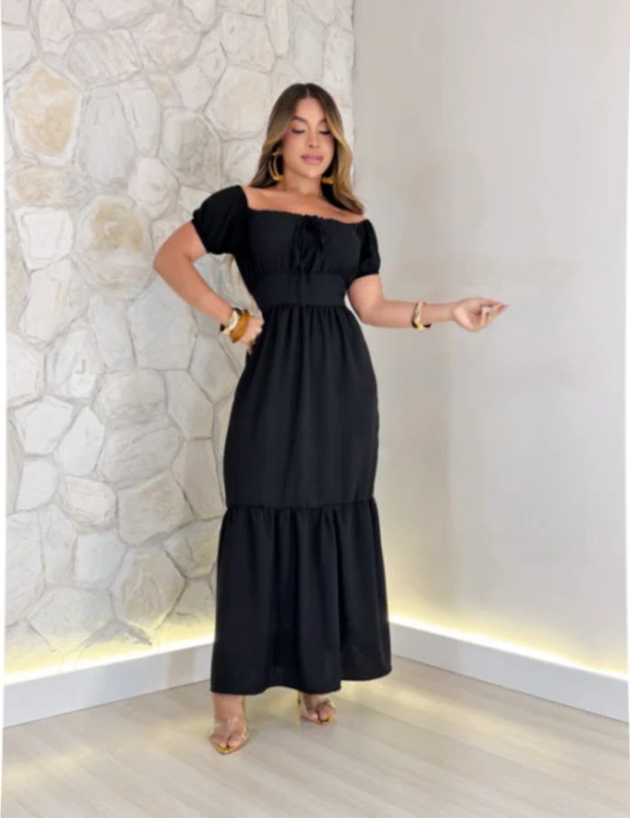 Vestido Midi Preto com Babado