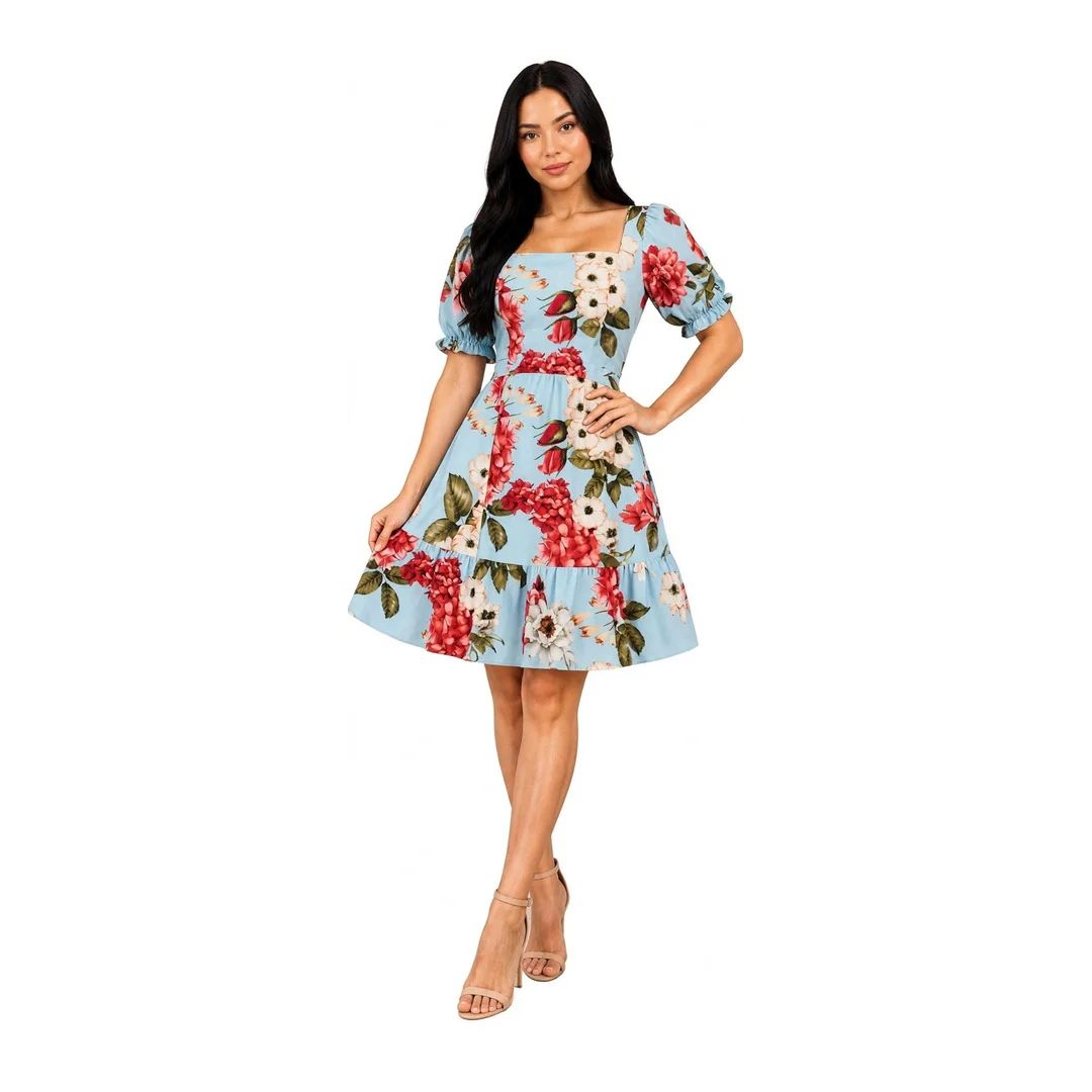 Vestido Floral Azul Manga Curta