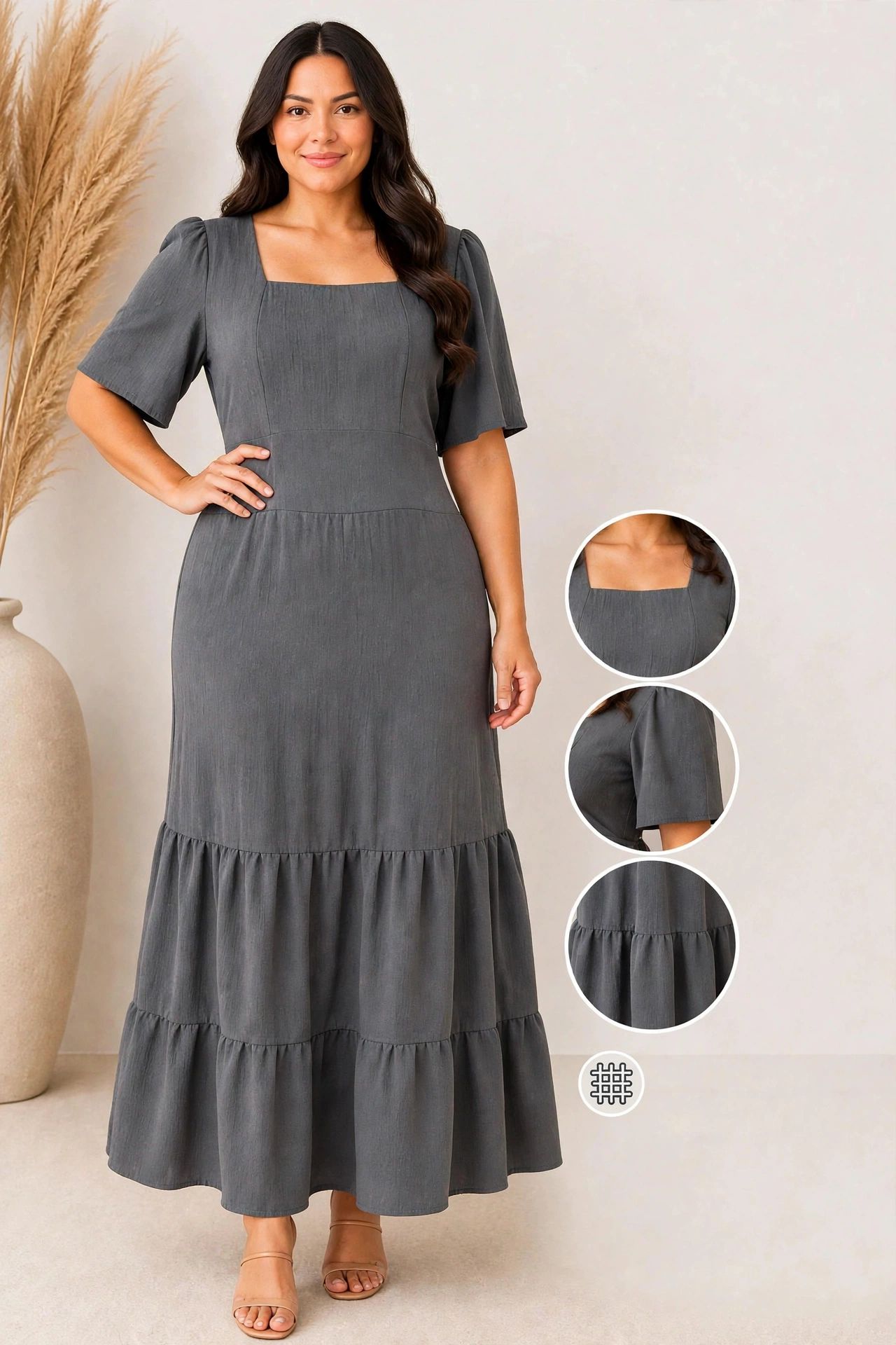 Vestido Midi Cinza com Babados