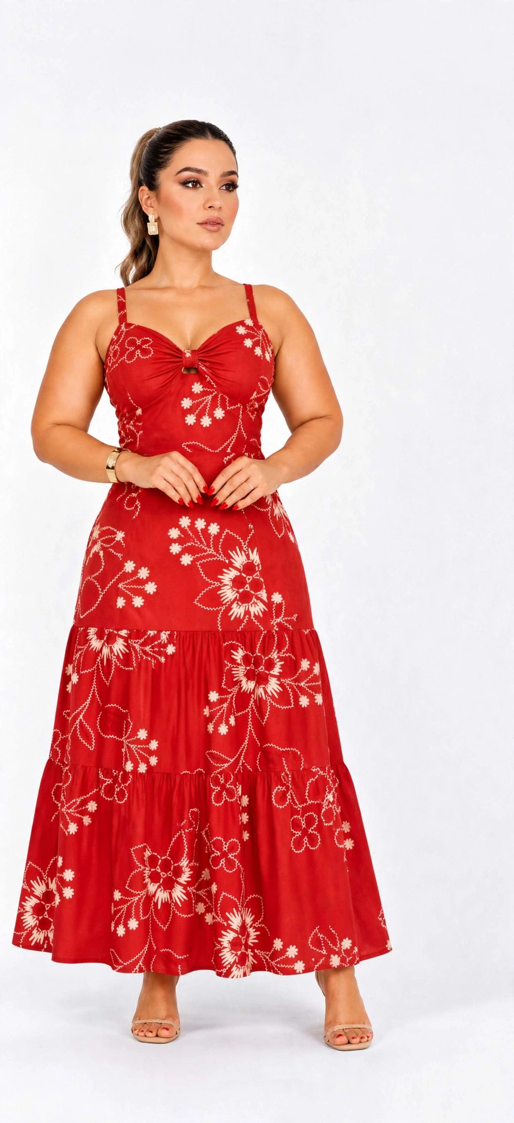 Vestido Midi Vermelho Bordado Com Alças