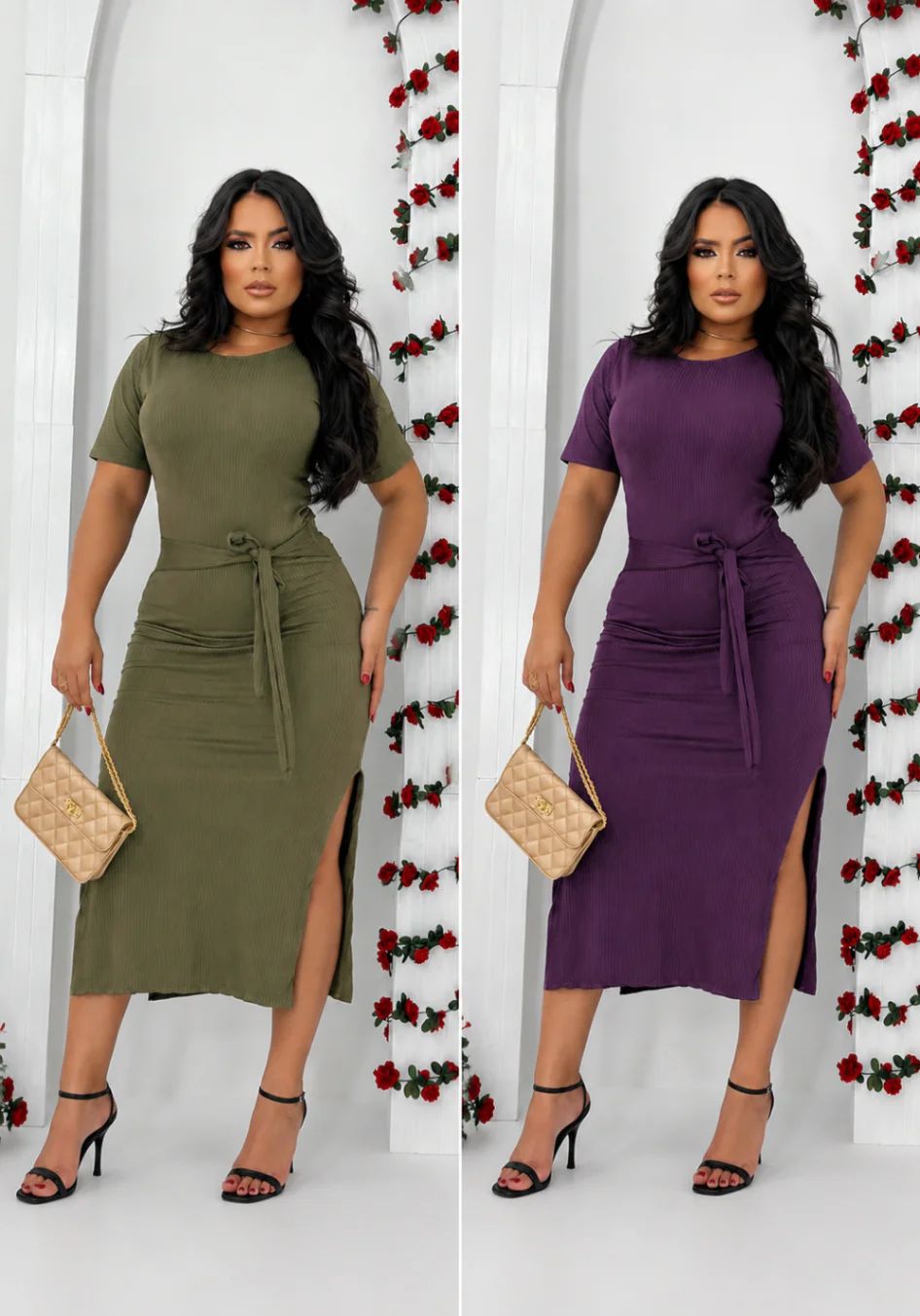 Vestido Midi Canelado com Amarração e Fenda