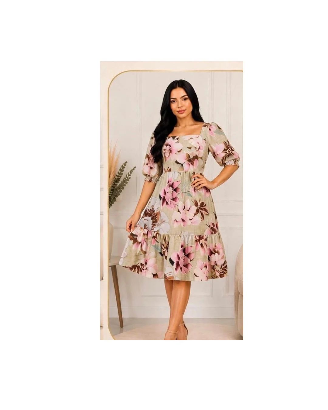 Vestido Midi Floral com Manga Bufante