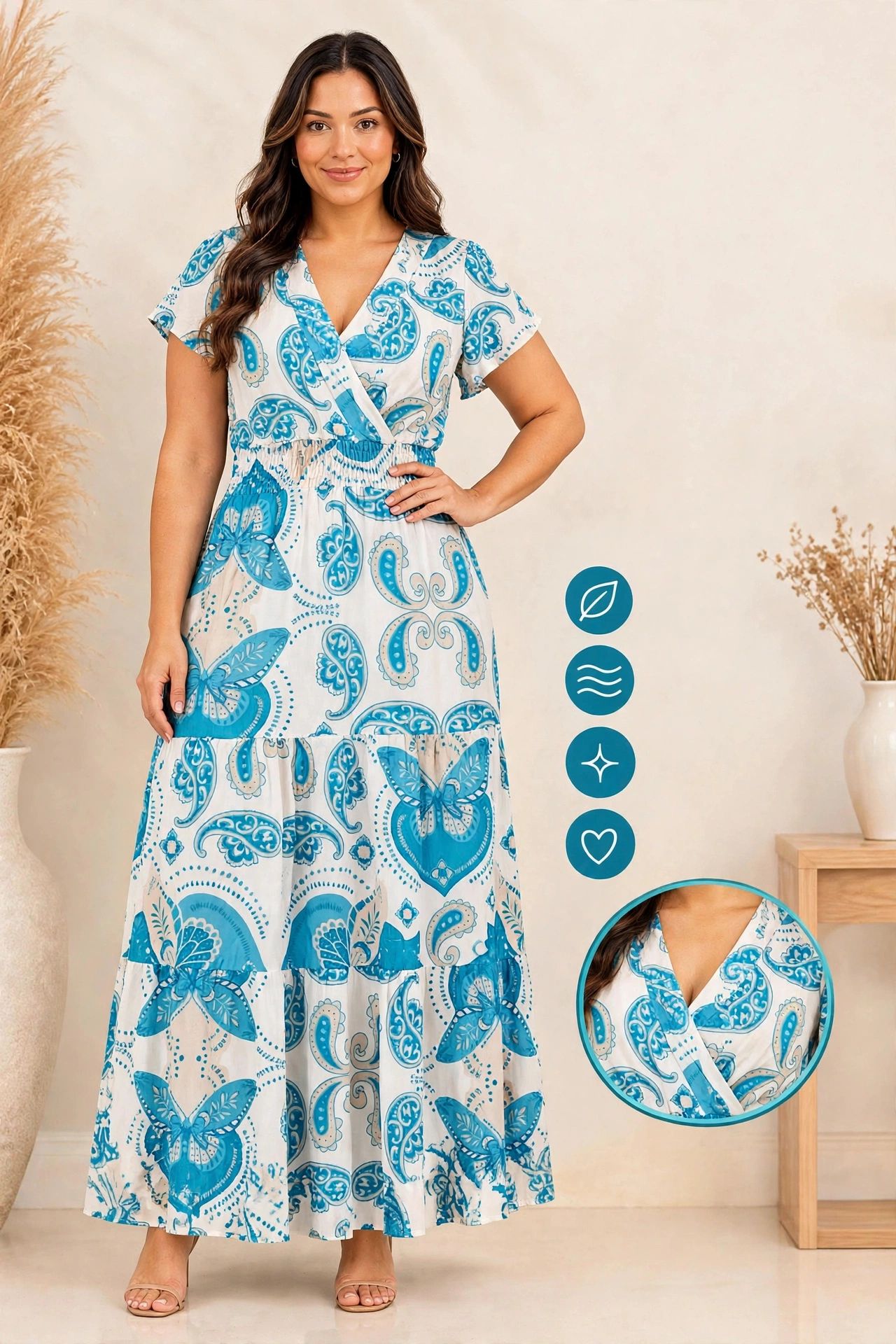 Vestido Longo Estampado Azul e Branco