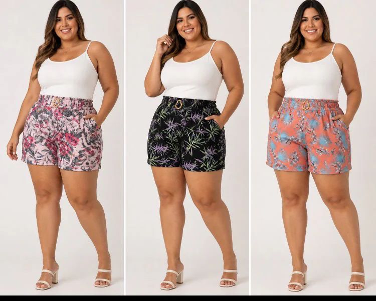 Short Feminino Estampado Cintura Alta com Fivela