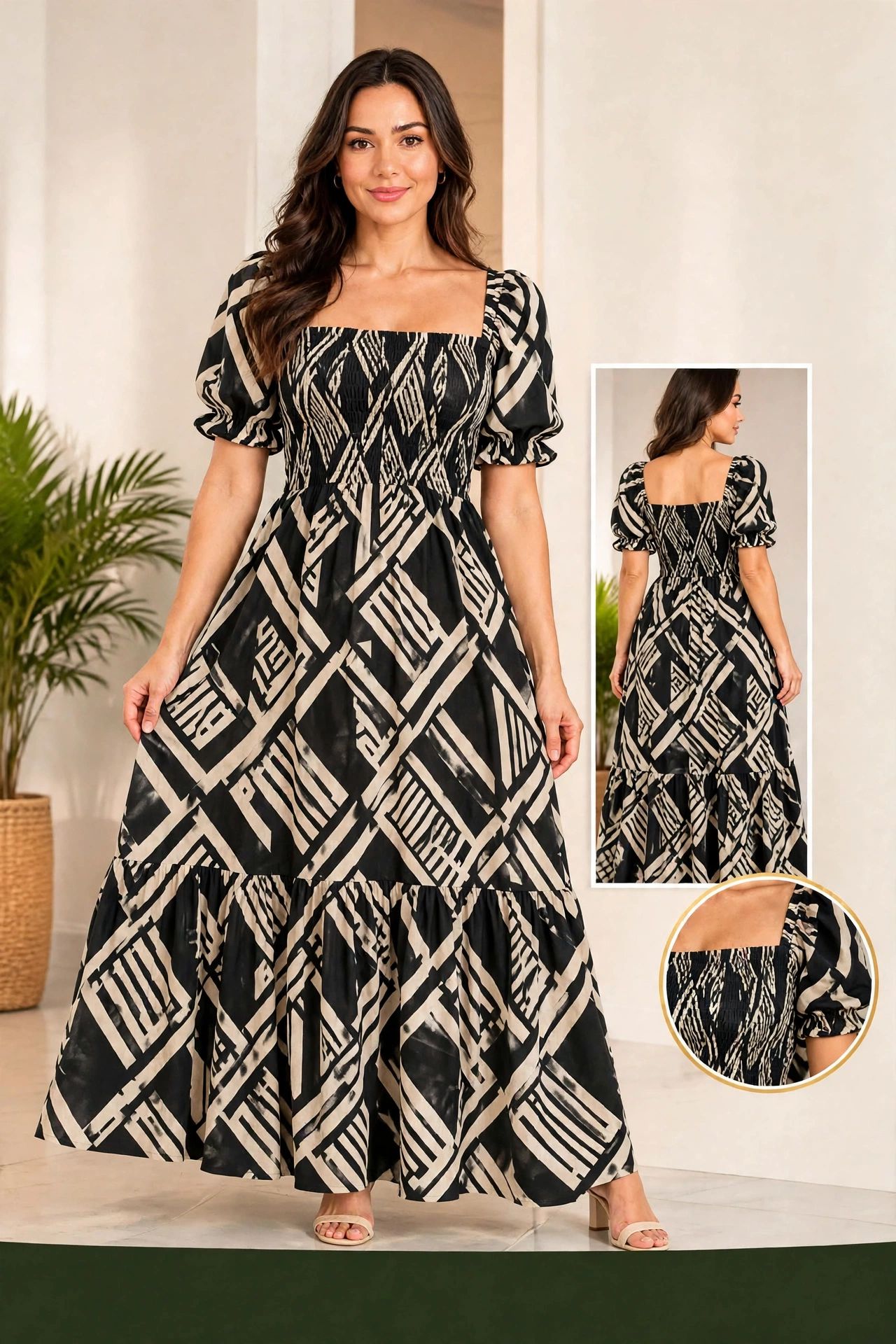 Vestido Midi Estampado Com Elastex Manga Curta