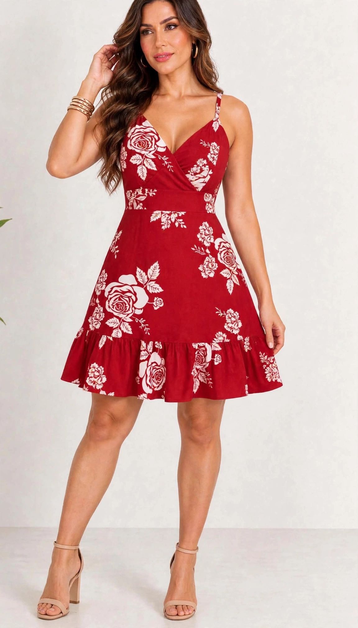 Vestido Vermelho Estampado Com Babado