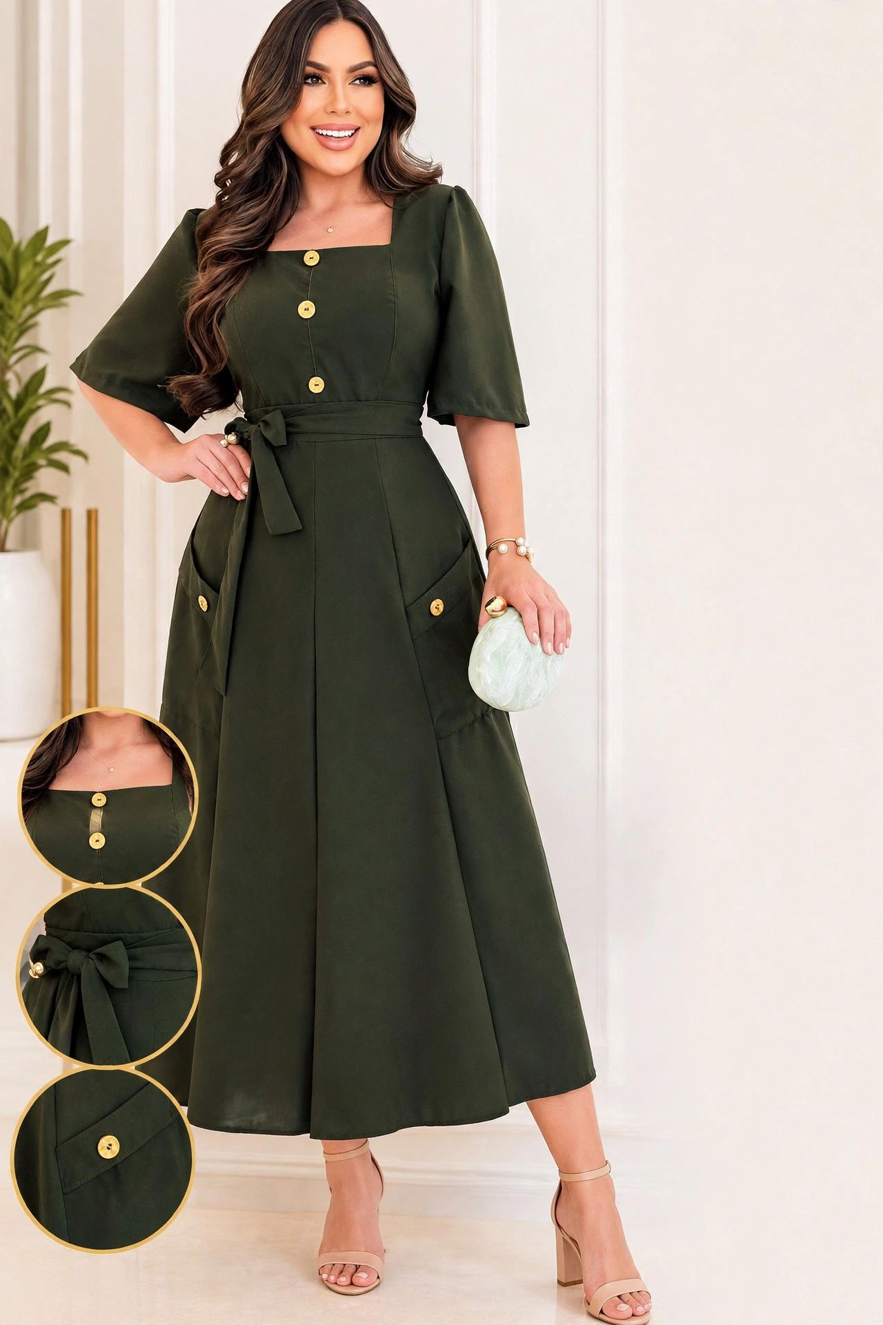 Vestido Midi Verde Militar com Botões e Cinto