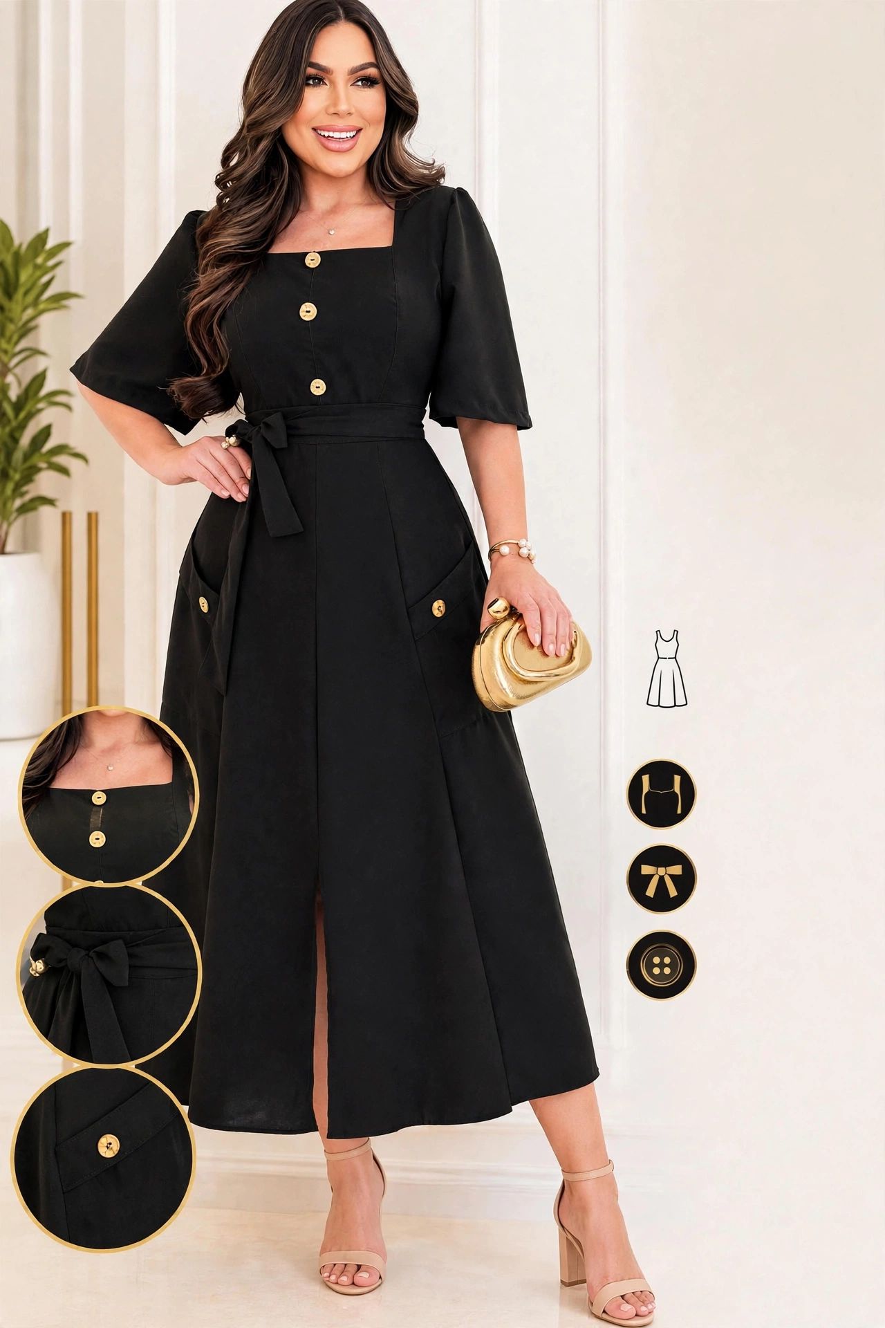 Vestido Midi Preto com Botões Dourados