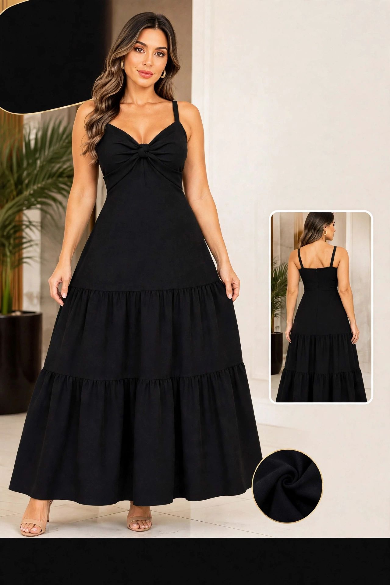 Vestido Midi Preto com Alças e Babados
