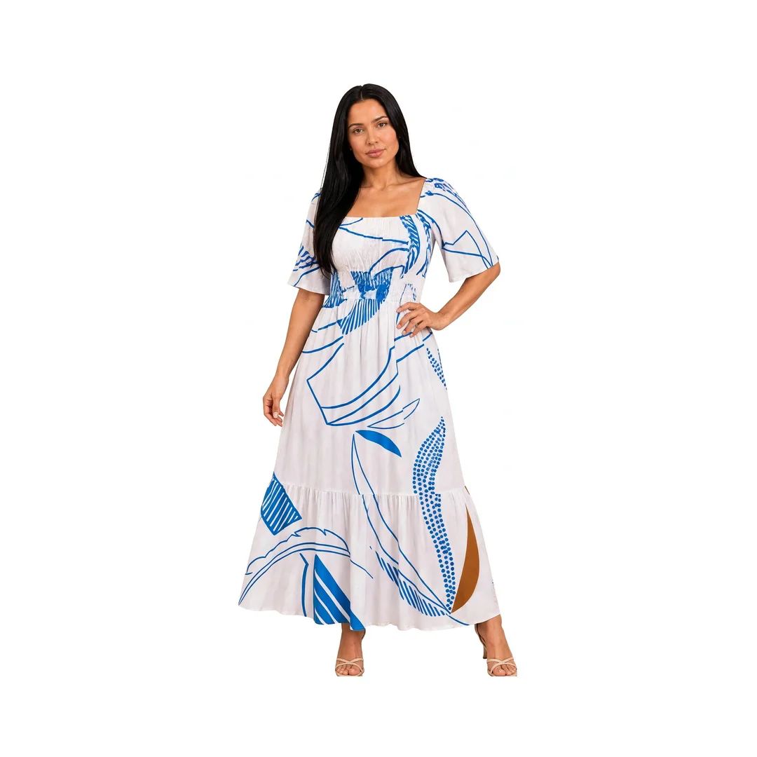 Vestido Midi Estampado Azul e Branco