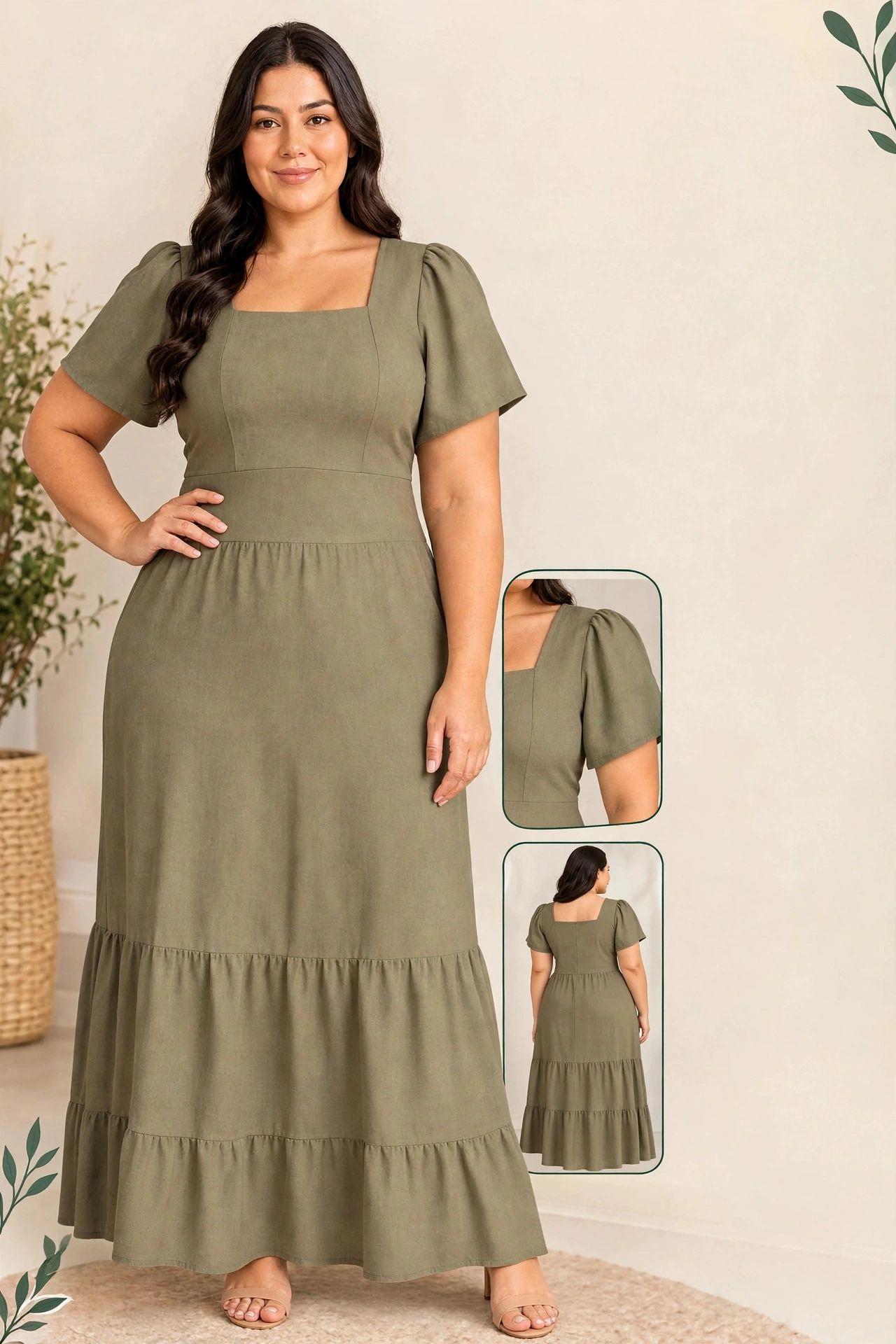 Vestido Midi Verde Oliva Quadrado