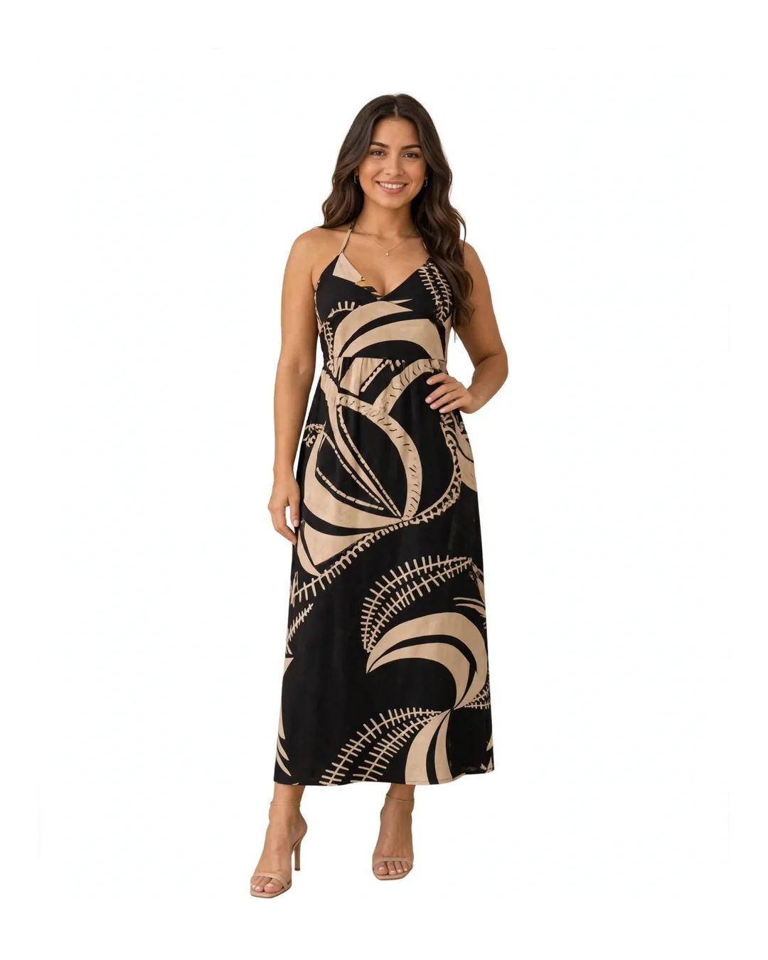 Vestido Midi Estampado Alça Fina