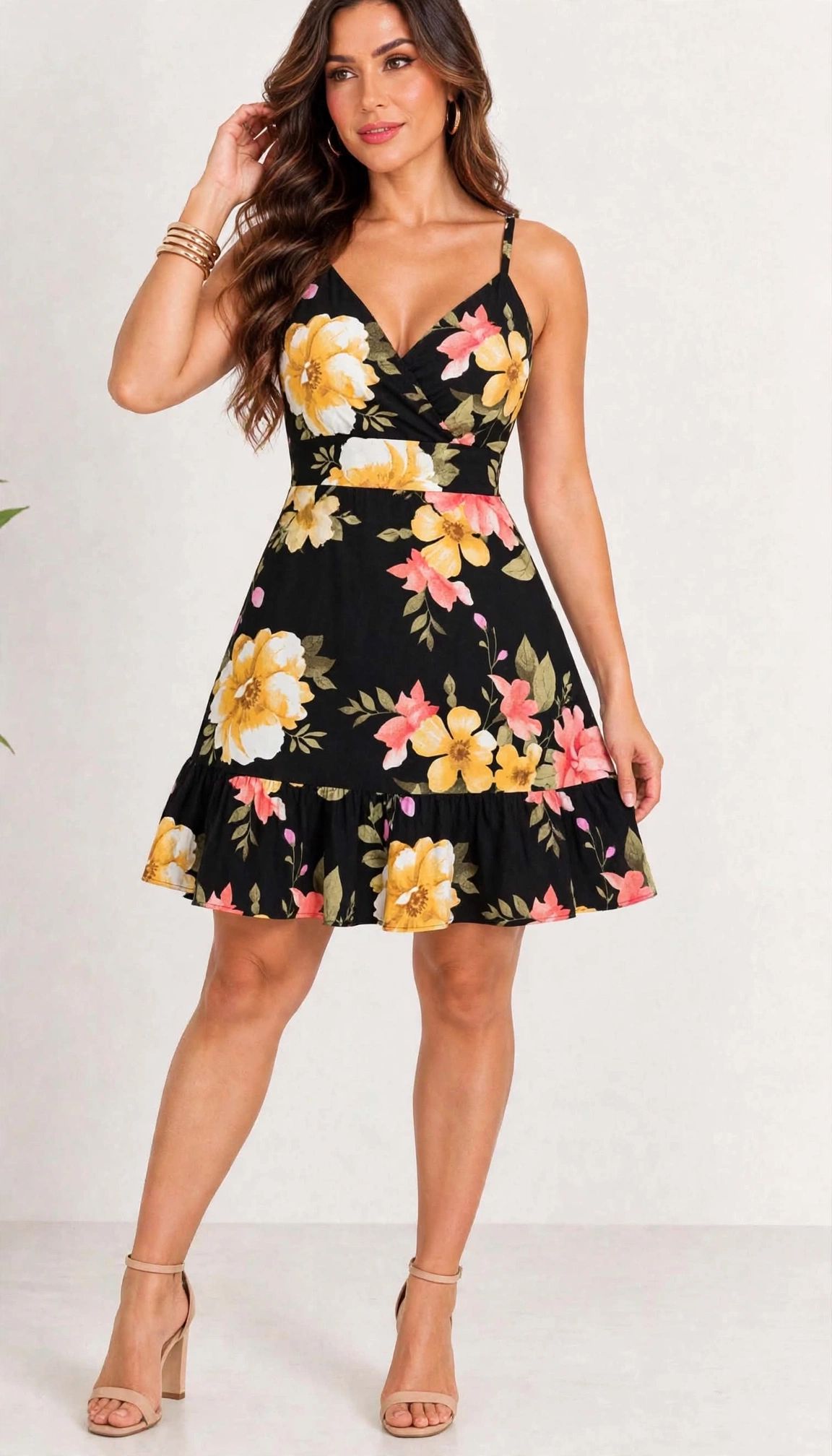 Vestido Feminino Floral Preto com Babado