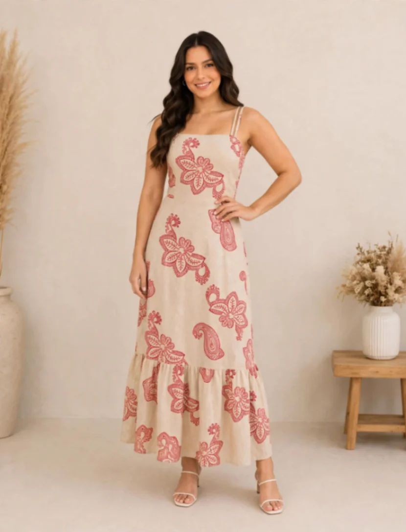 Vestido Midi Estampado com Alças