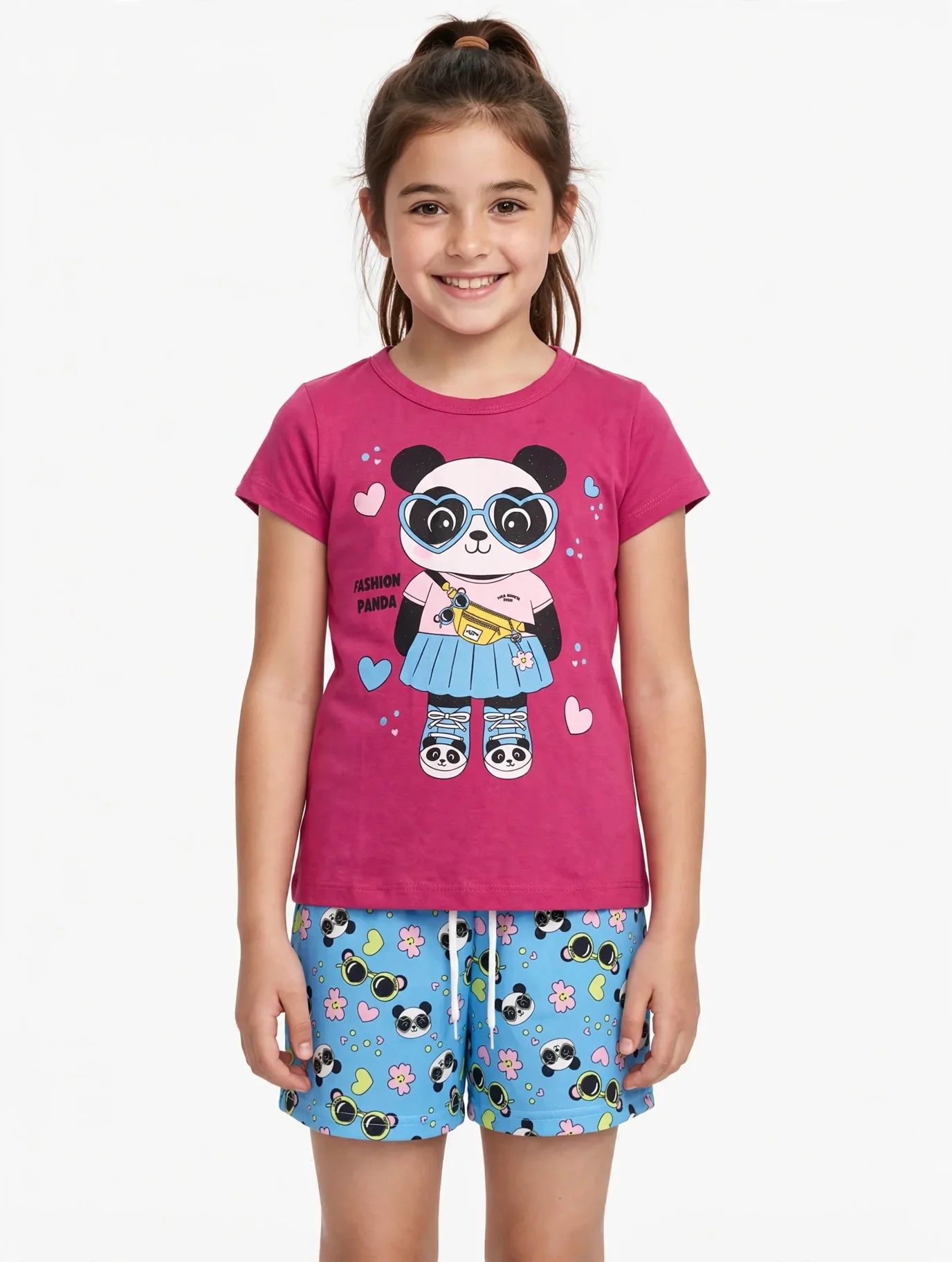 Conjunto Infantil Short e Blusa Panda Rosa e Azul
