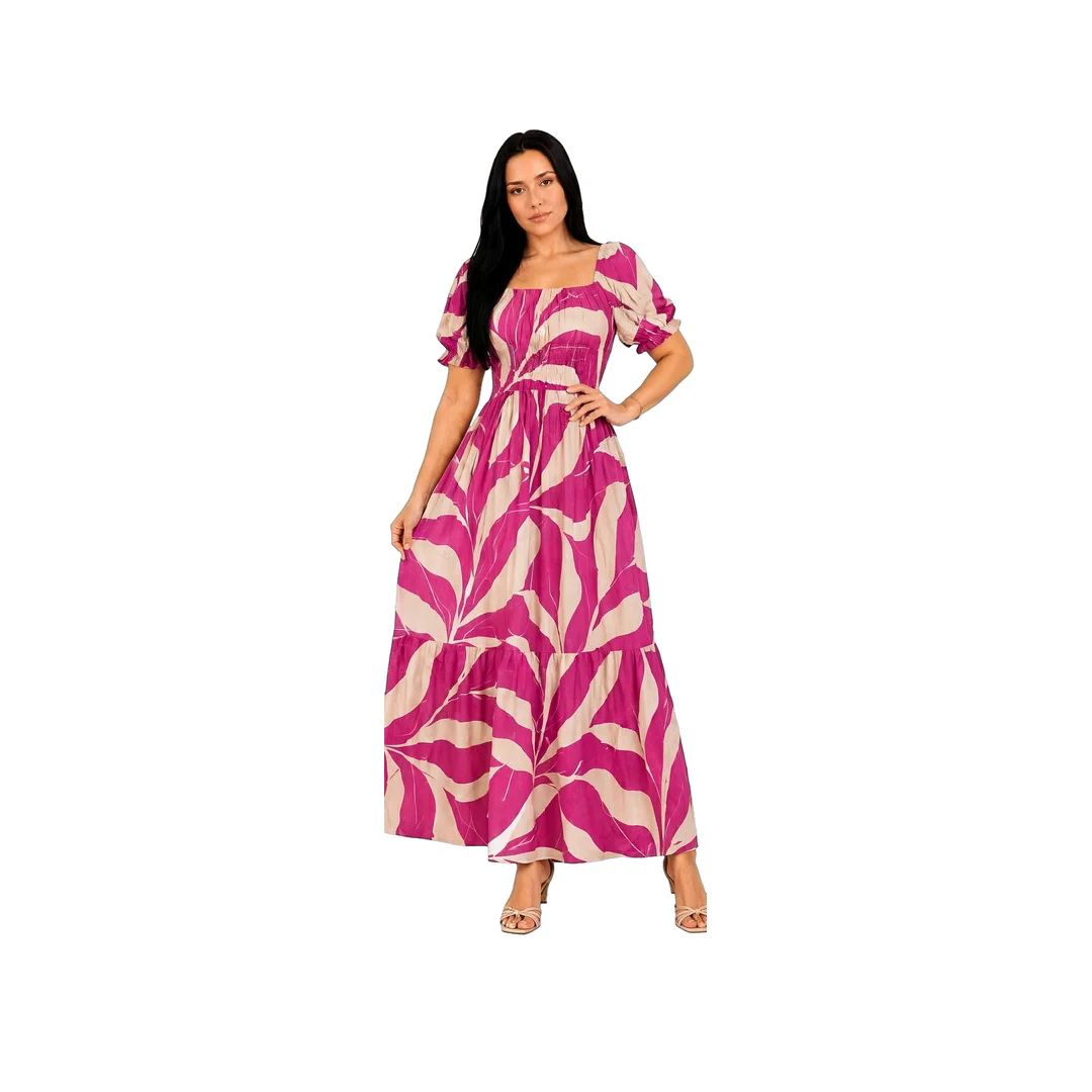 Vestido Midi Estampado Rosa e Bege