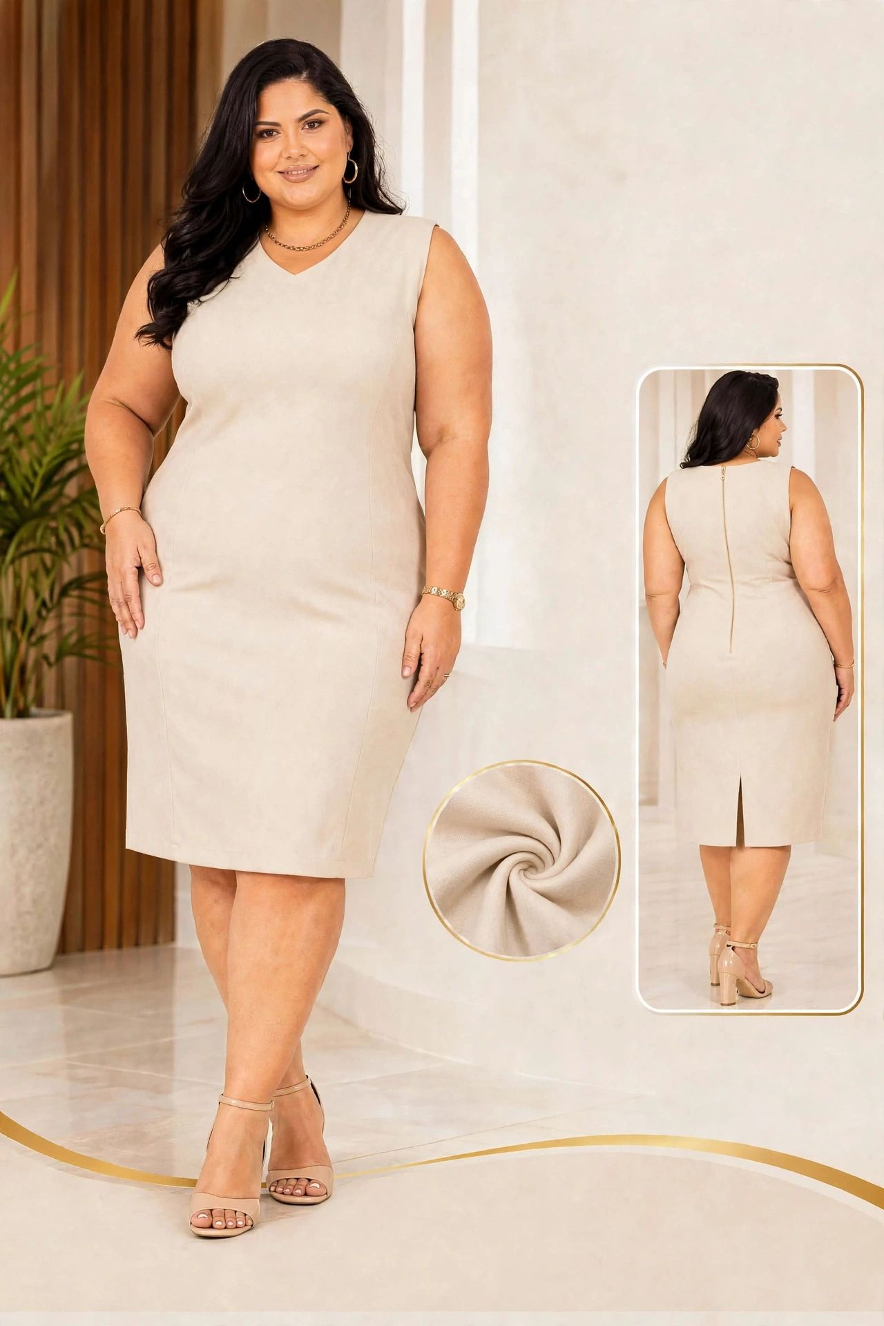 Vestido Midi Alfaiataria Plus Size Bege