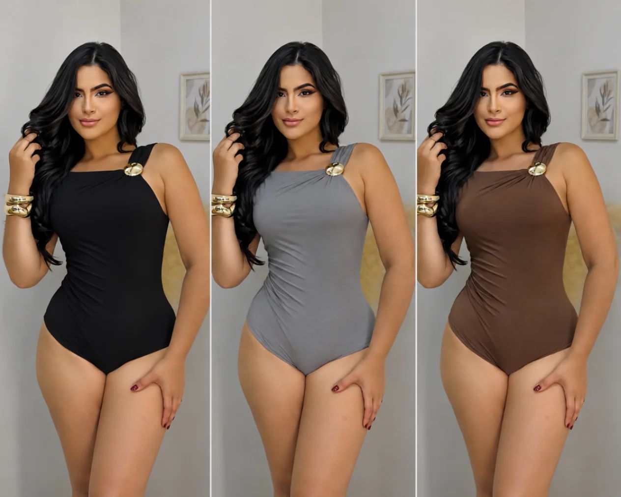 Body Feminino Assimétrico com Detalhe Dourado