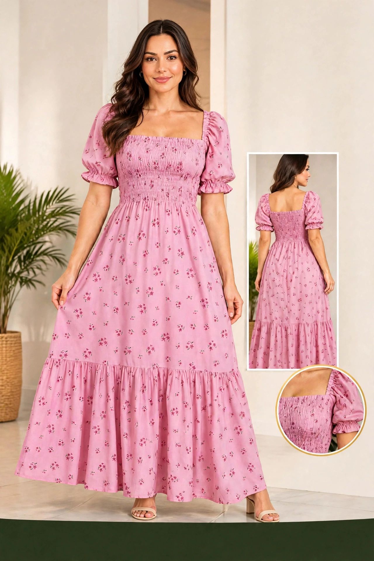 Vestido Midi Rosa Estampado com Lastex