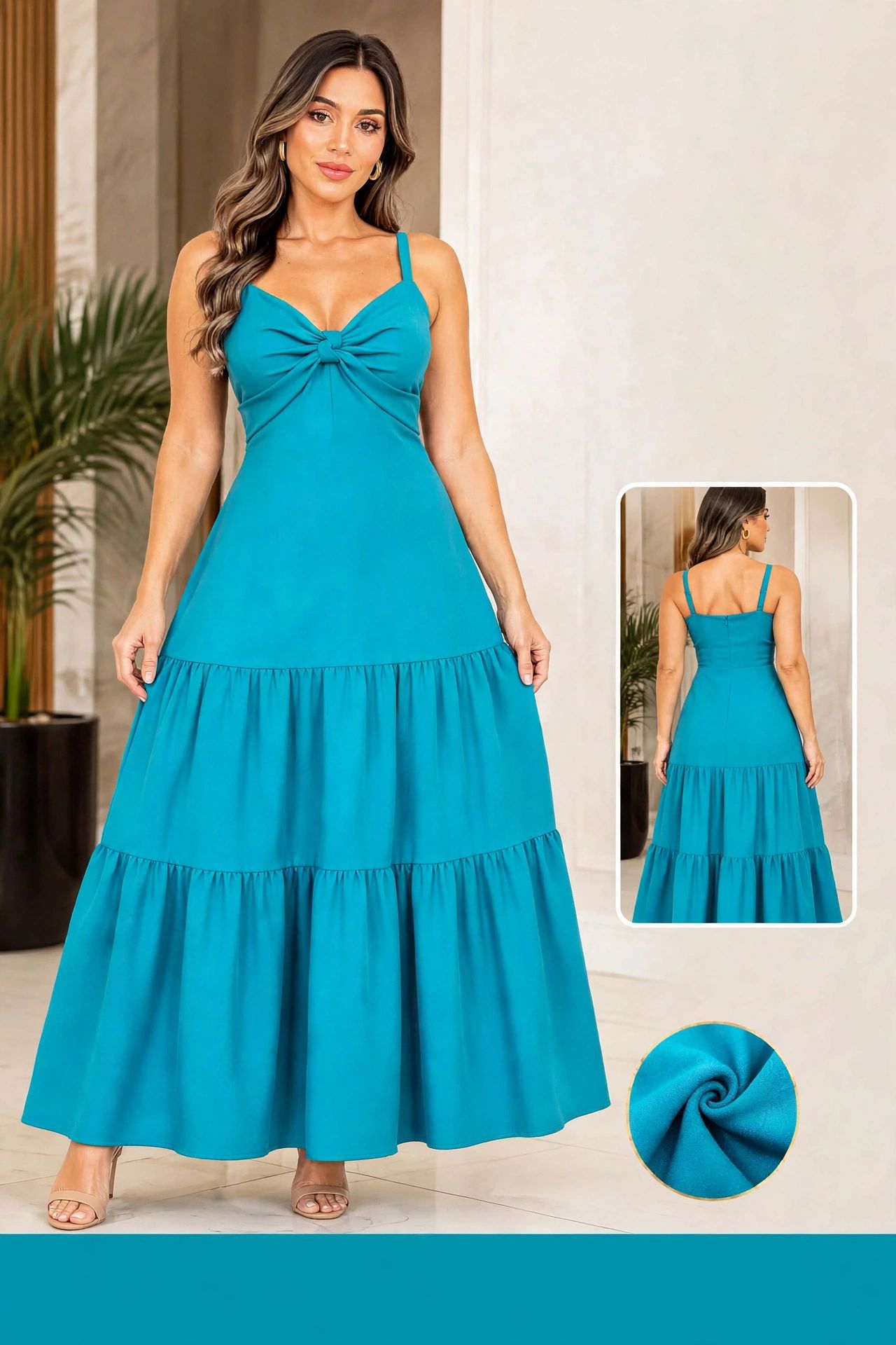 Vestido Longo Turquesa com Babados