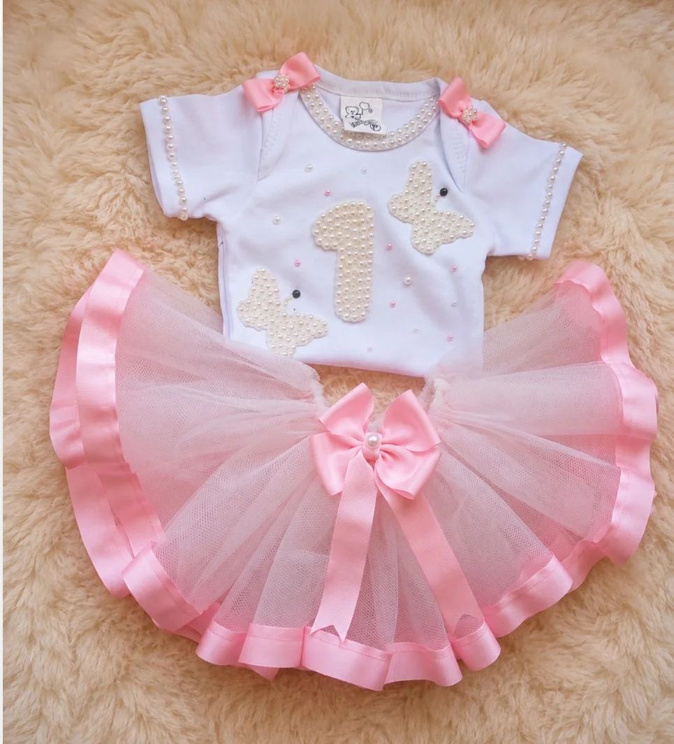 Conjunto Roupa Infantil Branco e Rosa com Pérolas