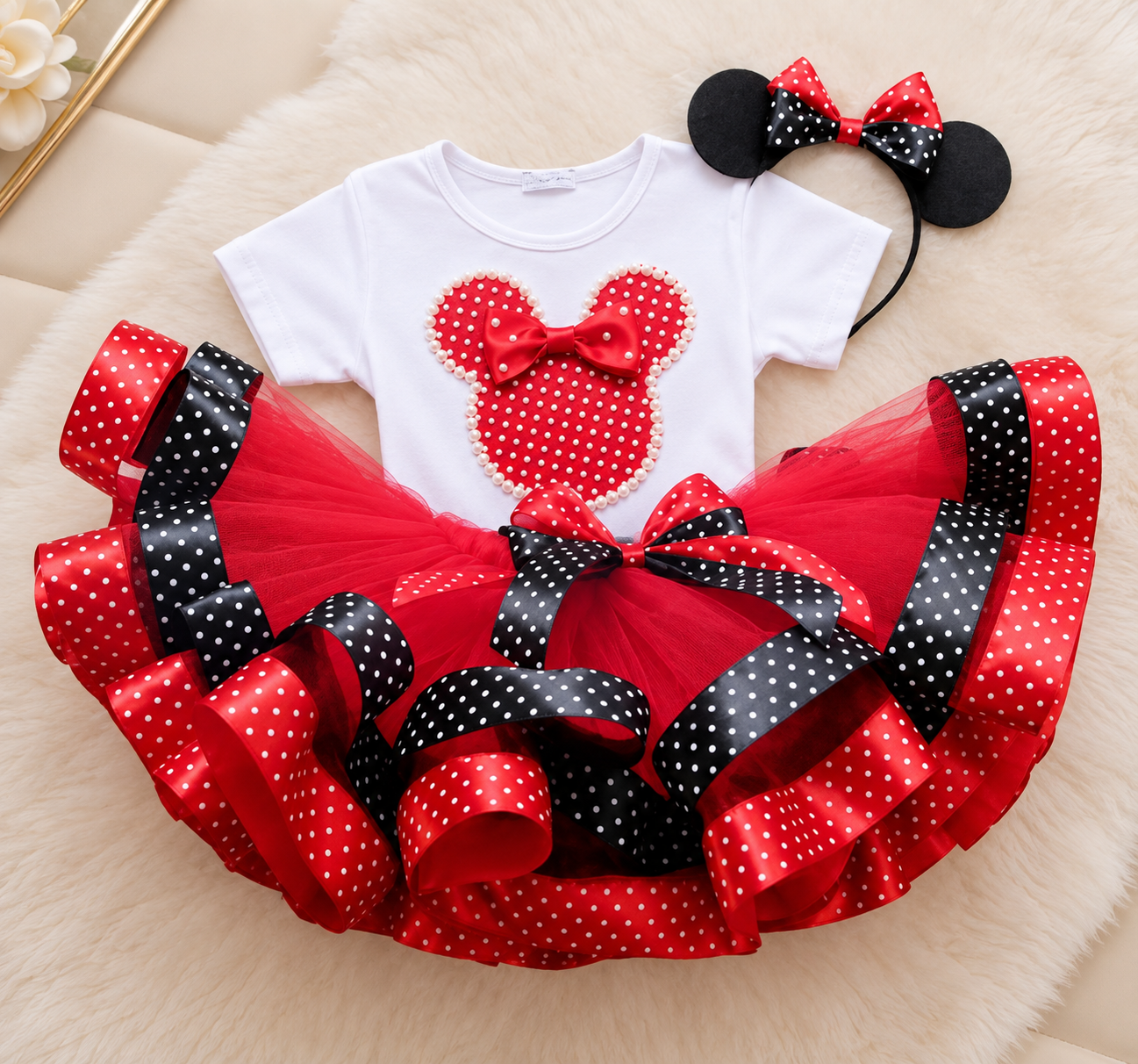 Conjunto Infantil Minnie com Saia de Tule com barra de cetim