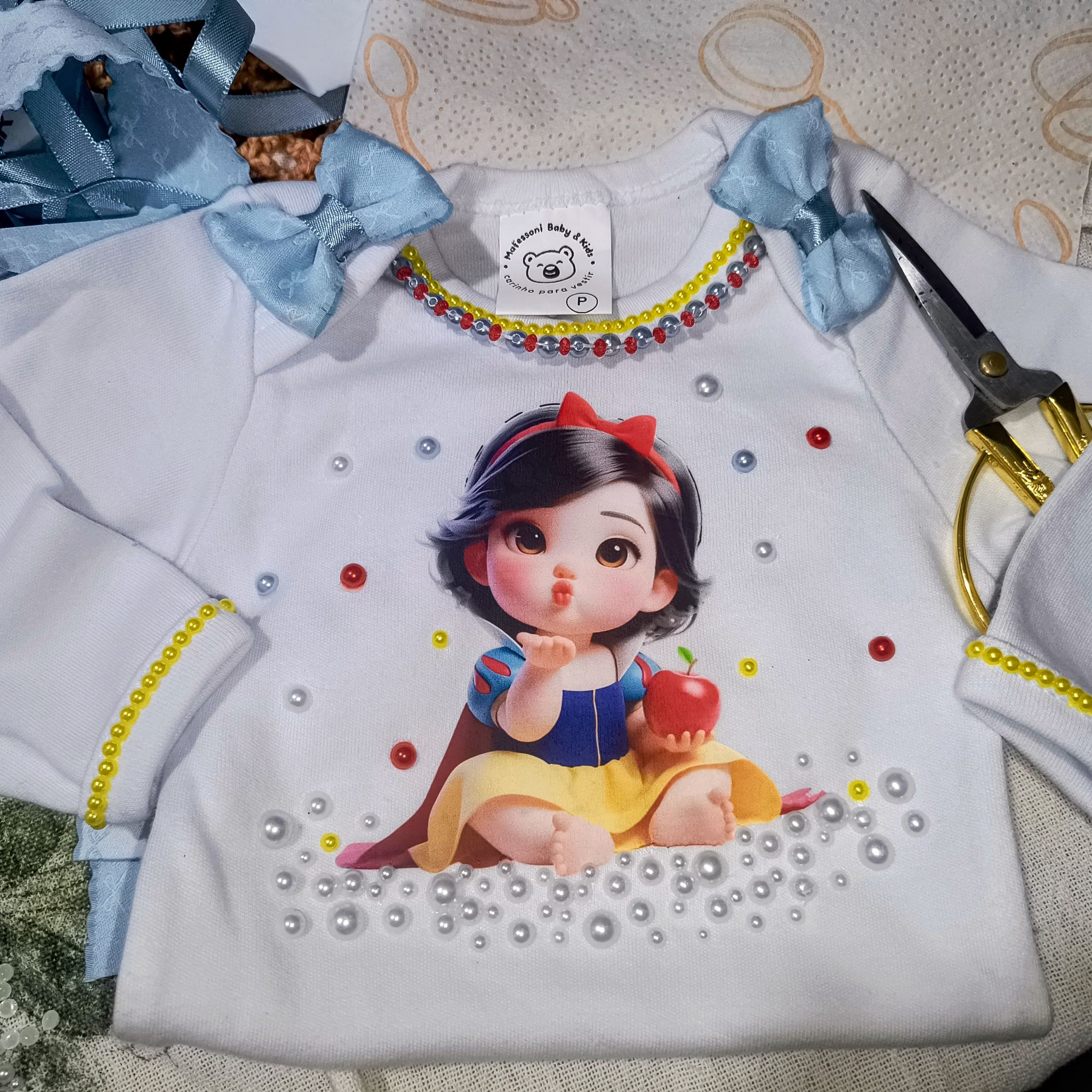 Body Infantil Branco Branca de Neve com Pérolas
