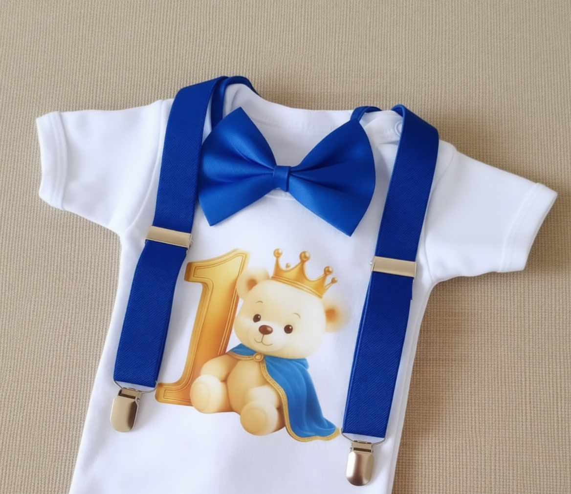 Body Infantil 1 Ano Urso Príncipe com Suspensório