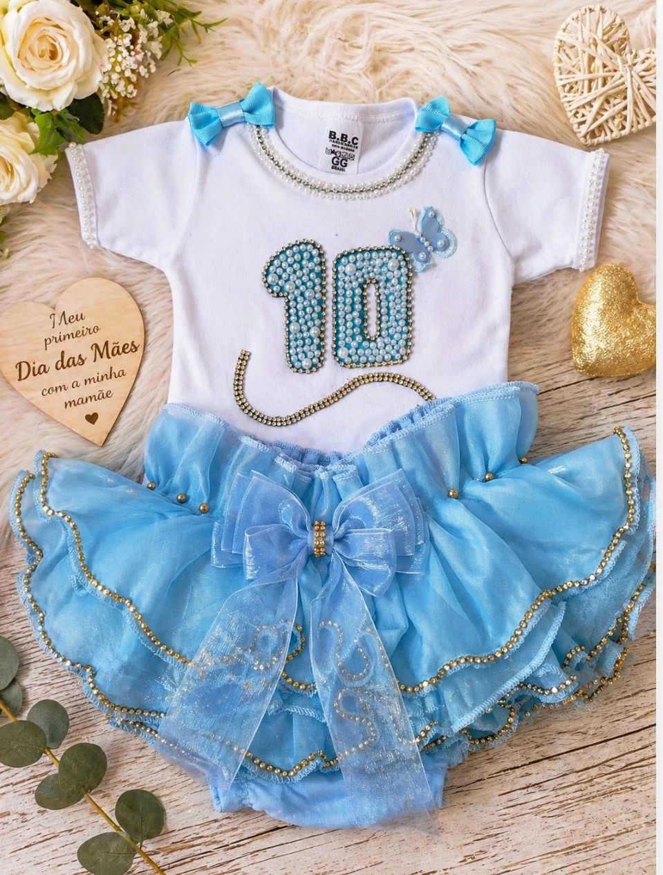 Conjunto Infantil Branco e Azul com Strass