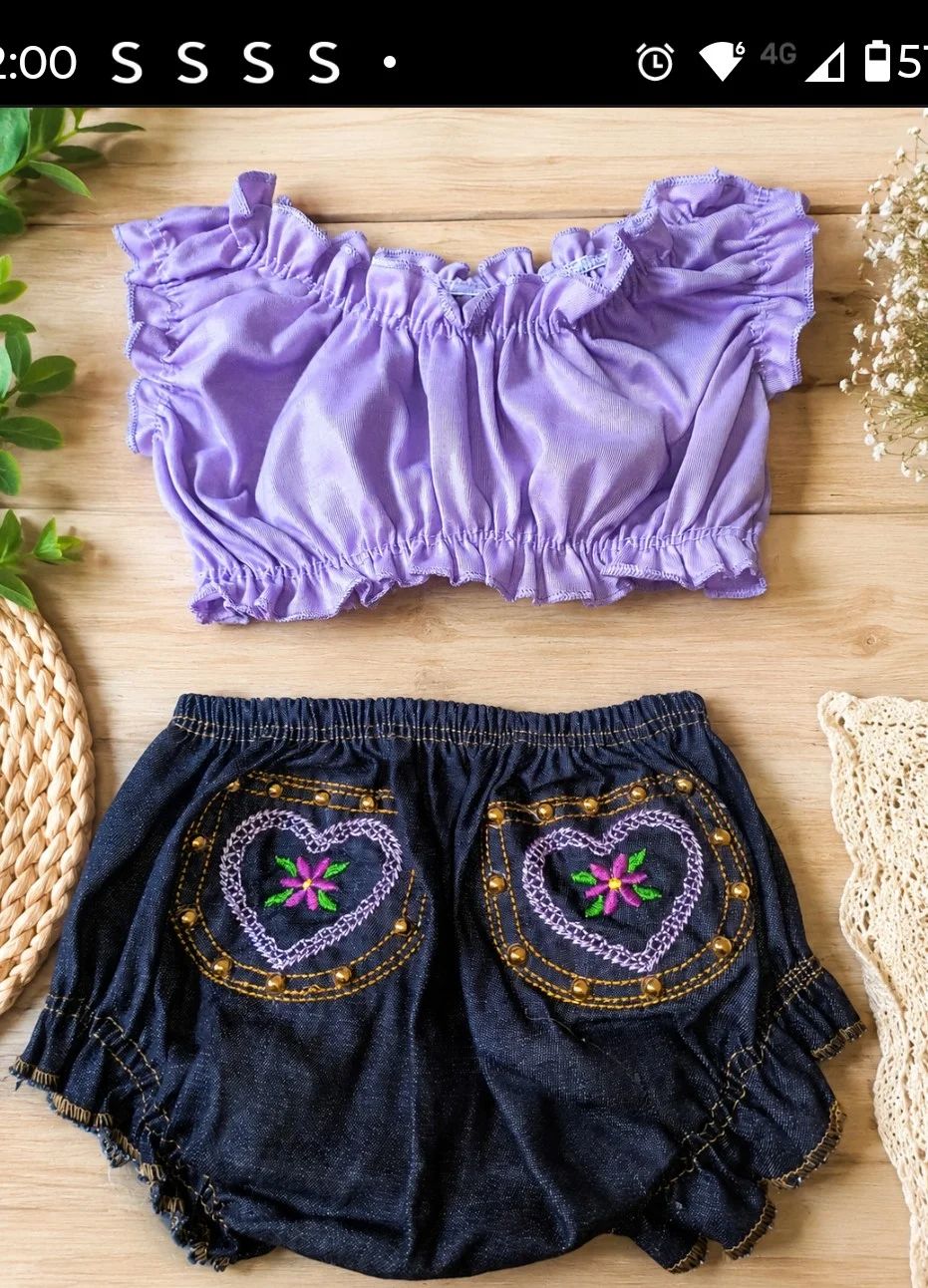 Conjunto Infantil Lilás e Short Jeans Bordado