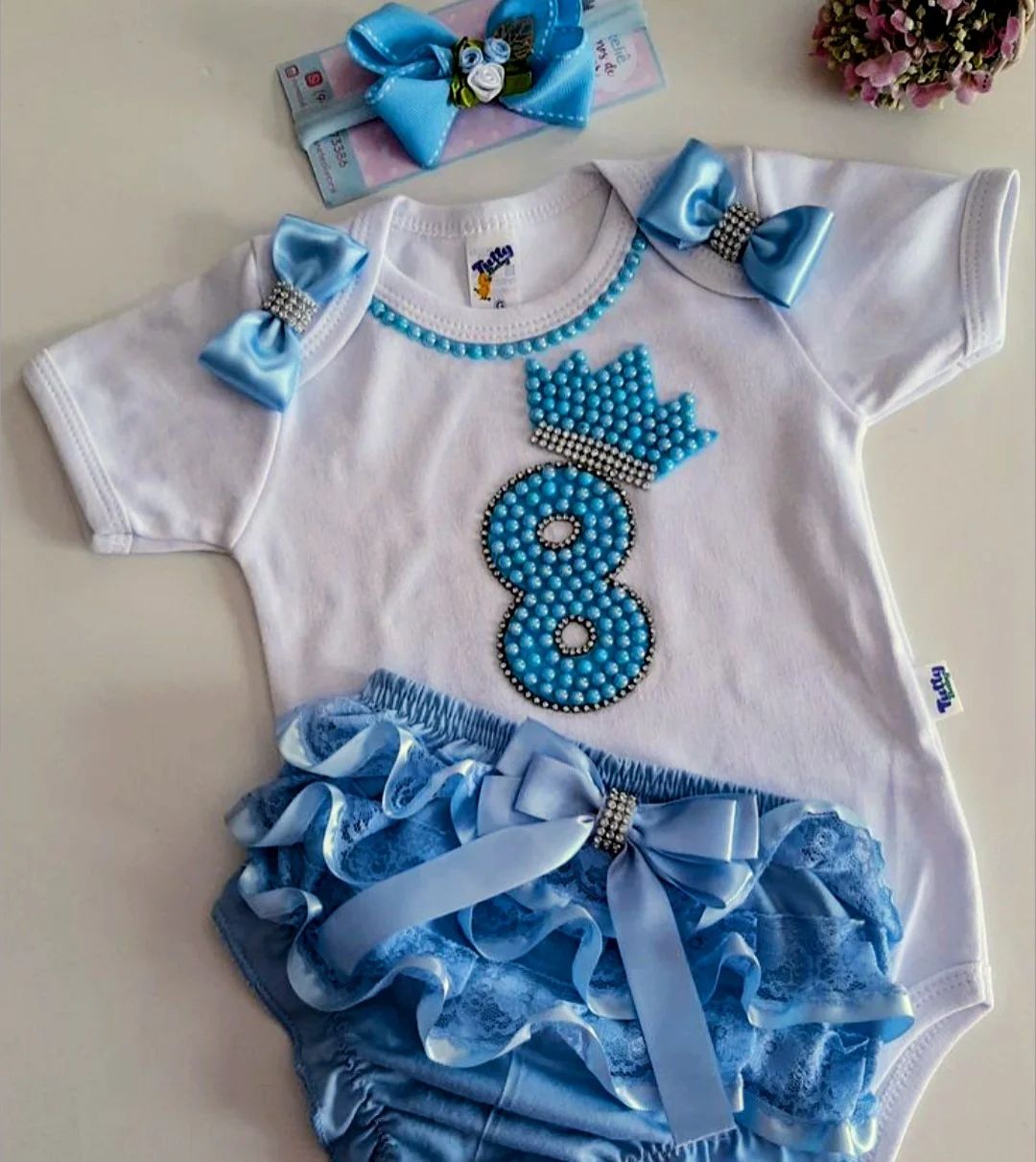Conjunto Mesversario Infantil Menina Azul e Branco
