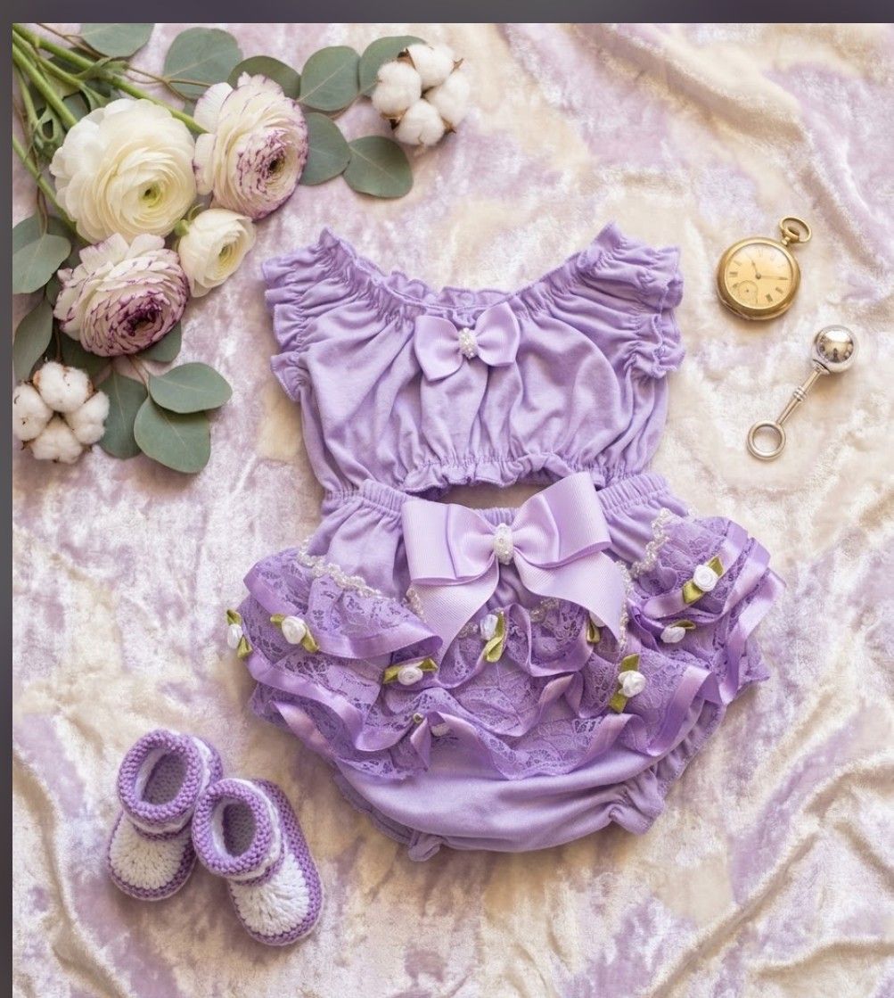 Conjunto Roupinha Bebê Lilás com Babados e Laço