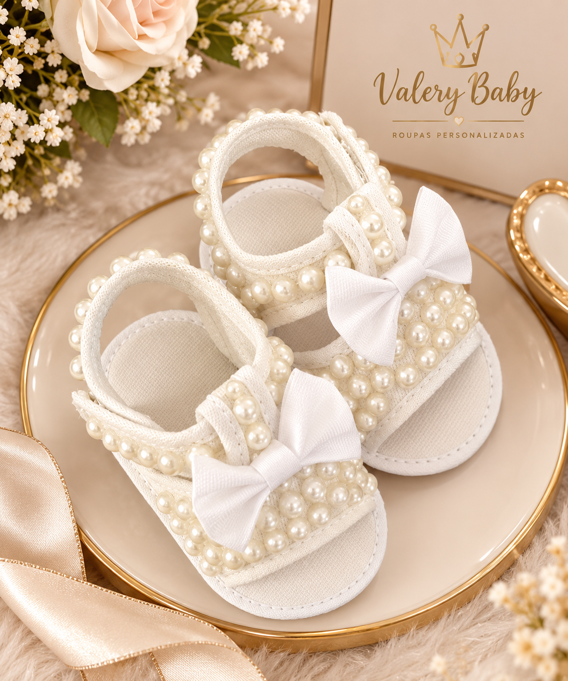 Sapatinho Infantil Branco com Pérolas e Laço