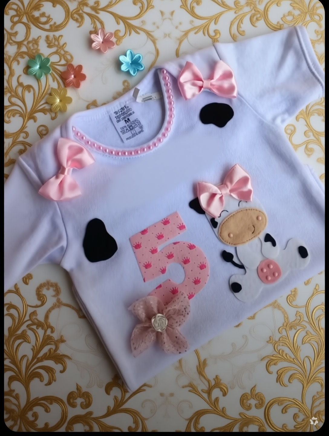 Camiseta Infantil Tema Vaca com Laço e Número 5