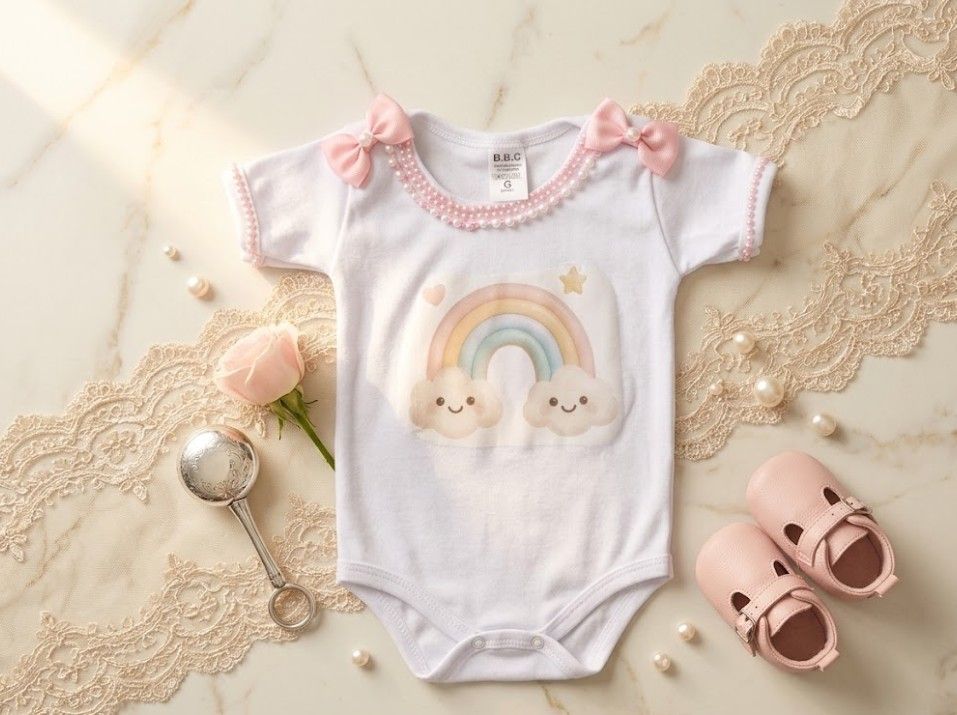 Body Infantil Branco com Arco-íris e Laços