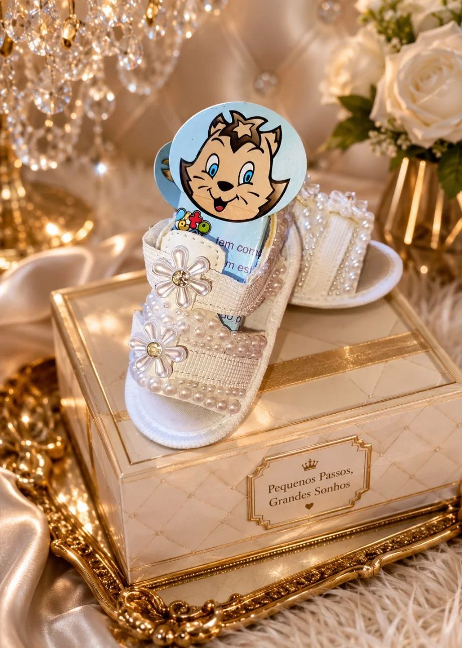 Sapatinho Infantil Decorado com Pérolas e Caixa