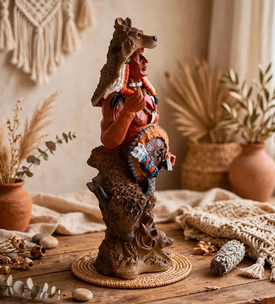 Escultura Guerreiro Indigena com Lobo e Resina