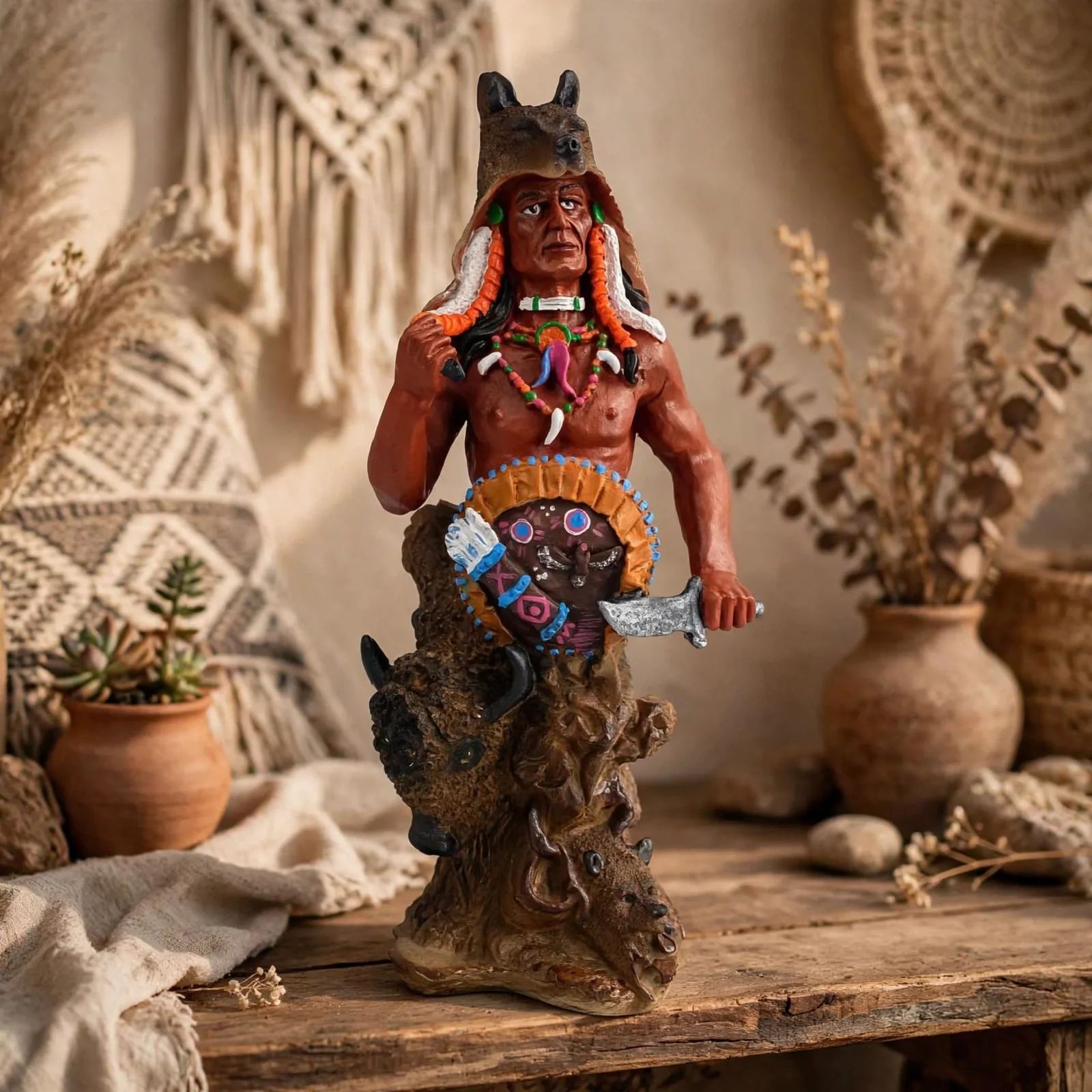 Escultura Guerreiro Indigena com Lobo e Resina