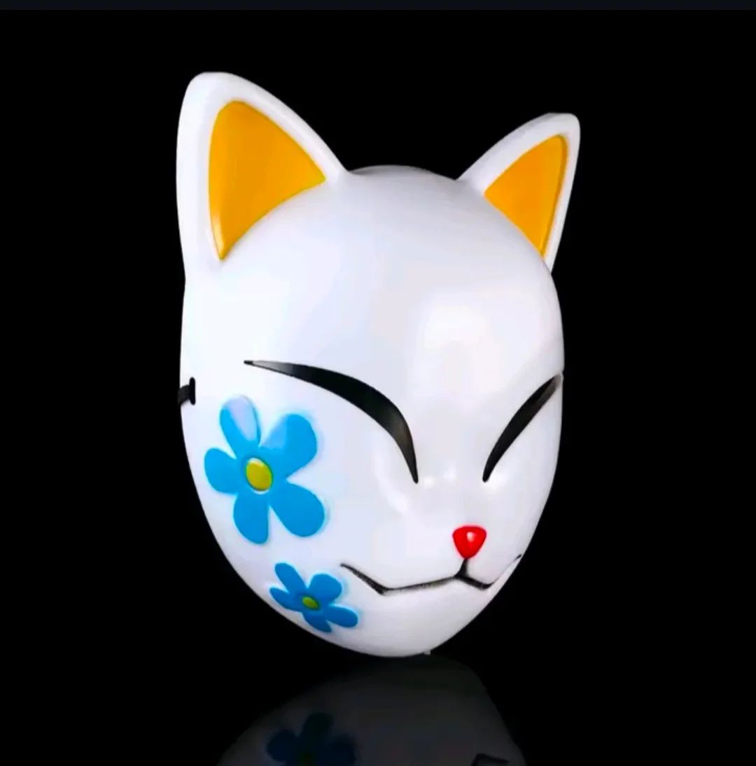 Mãscara Gato Estilo Kitsune com Flores Azuis
