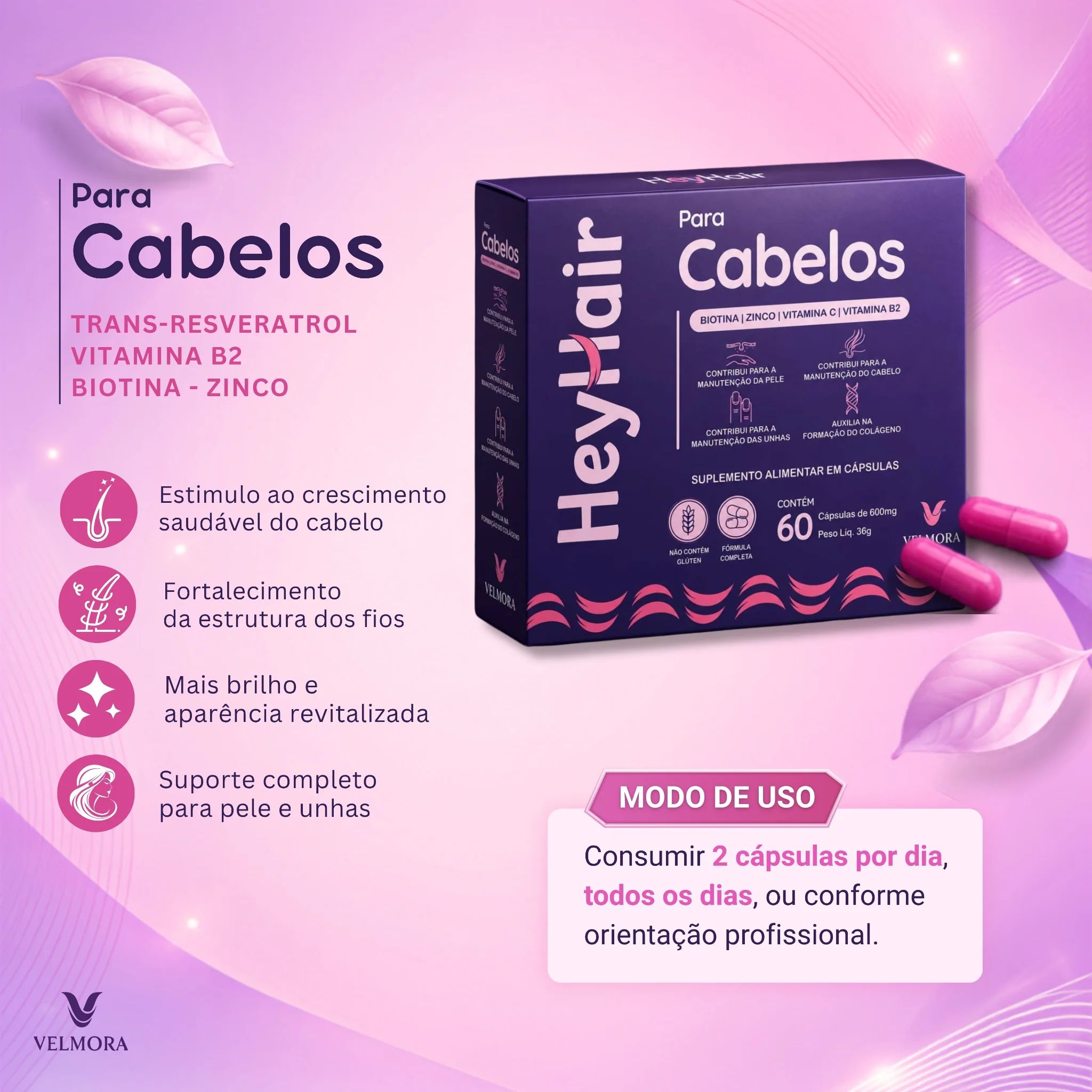 Hey Hair Cabelo, Pele e Unhas Velmora 60 Cápsulas