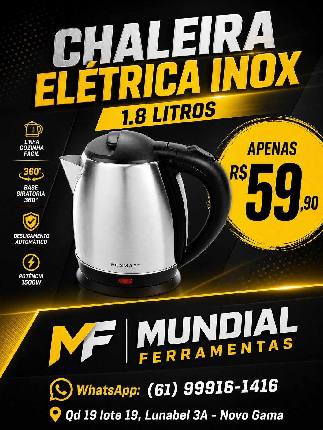 Chaleira Elétrica Inox 1.8 Litros