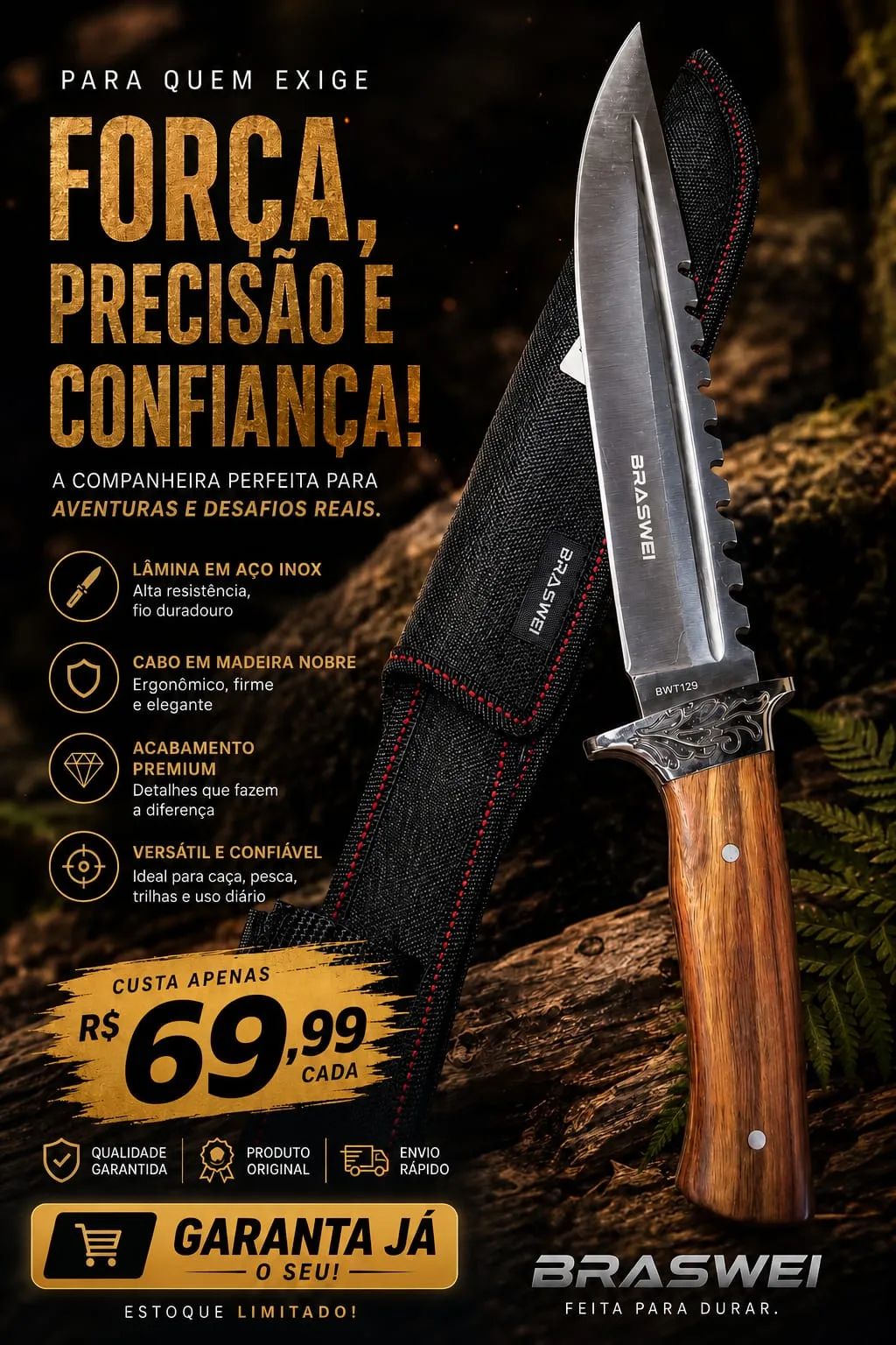 Faca para Churrasco Braswei 36cm com bainha