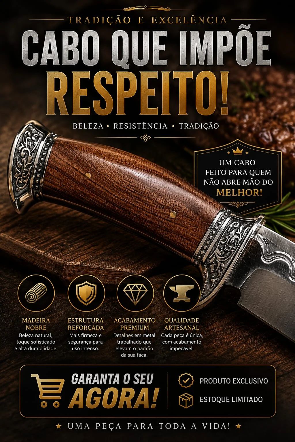 Faca para Churrasco Braswei Aço Inox 30,5 com Bainha