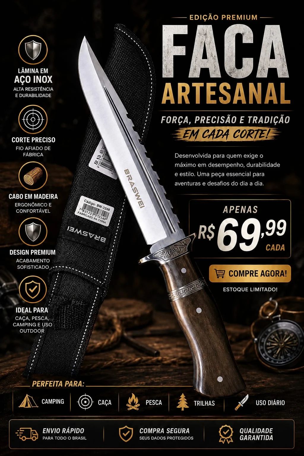 Faca Artesanal de Churrasco Braswei 36cm com bainha