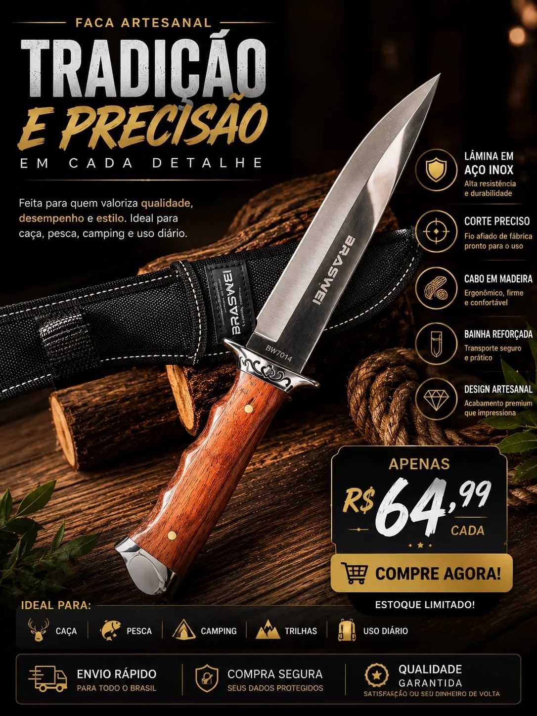 Faca apara Churrasco Braswei 30cm com bainha