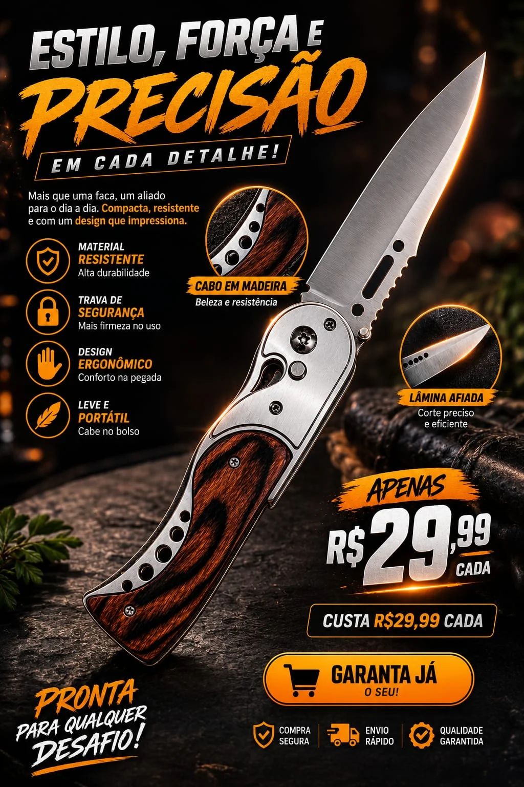 Canivete Compacto Cabo de Madeira 24cm com bainha