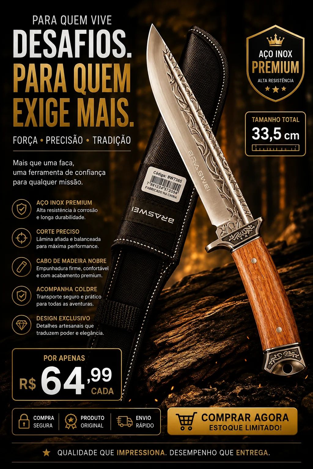 Faca para Churrasco Braswei 33,5cm com Bainha